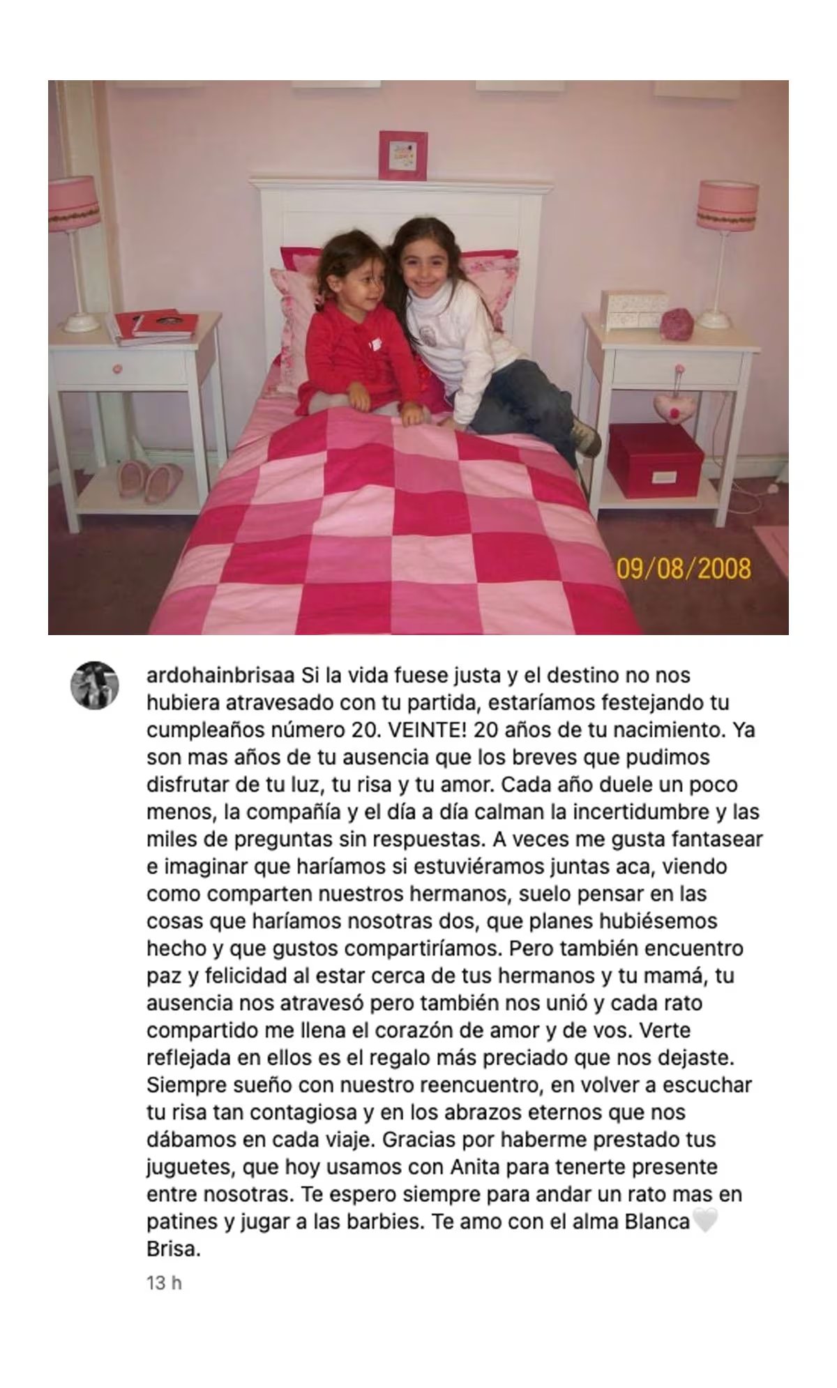 El conmovedor homenaje de Brisa Ardohain a su prima Blanca