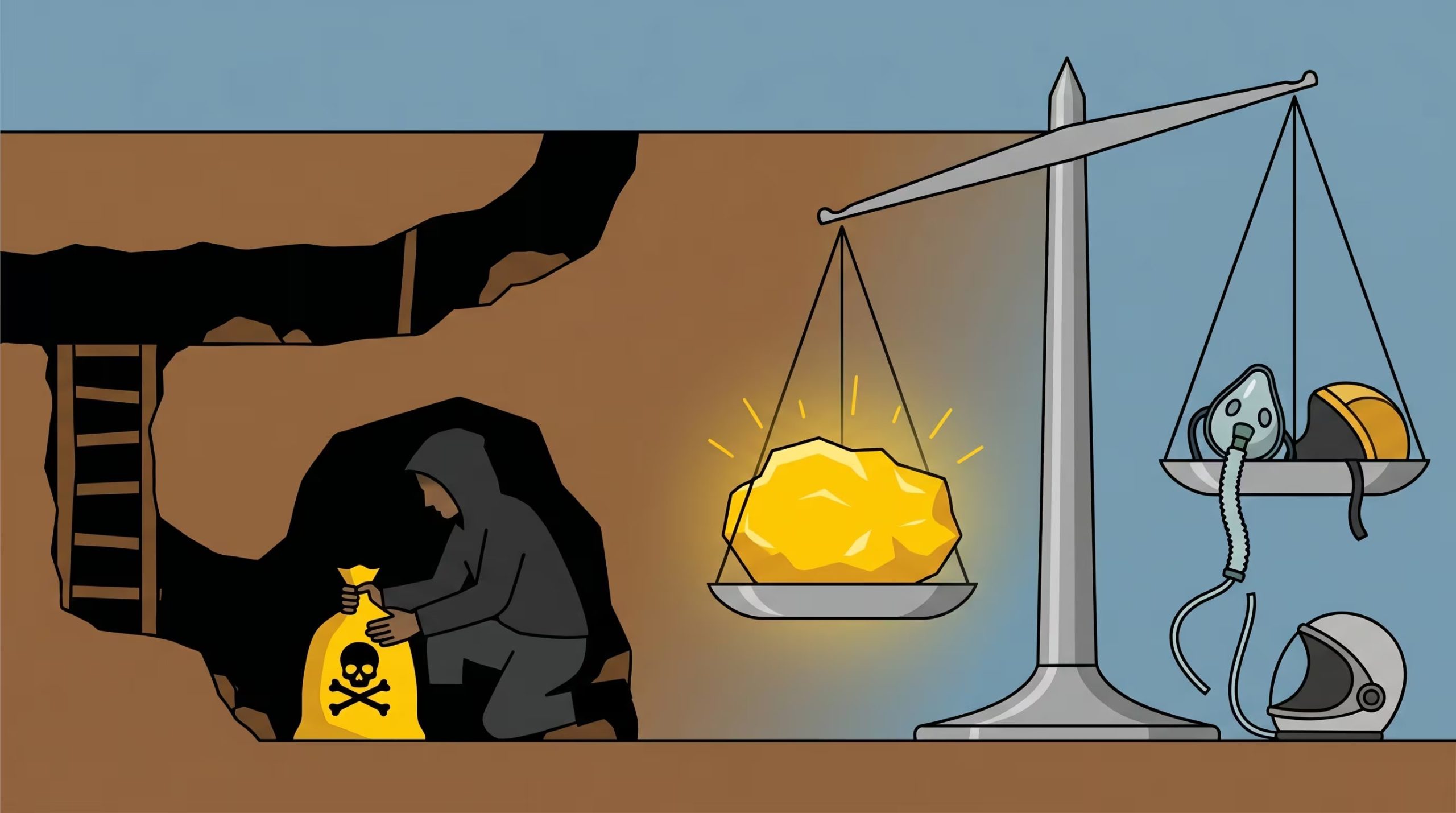 Ilustración que denuncia la minería ilegal: un minero clandestino manipula cianuro, mientras una balanza contrapone una pepita de oro con un casco vacío y una máscara de oxígeno, simbolizando el costo humano. (Imagen Ilustrativa Infobae)