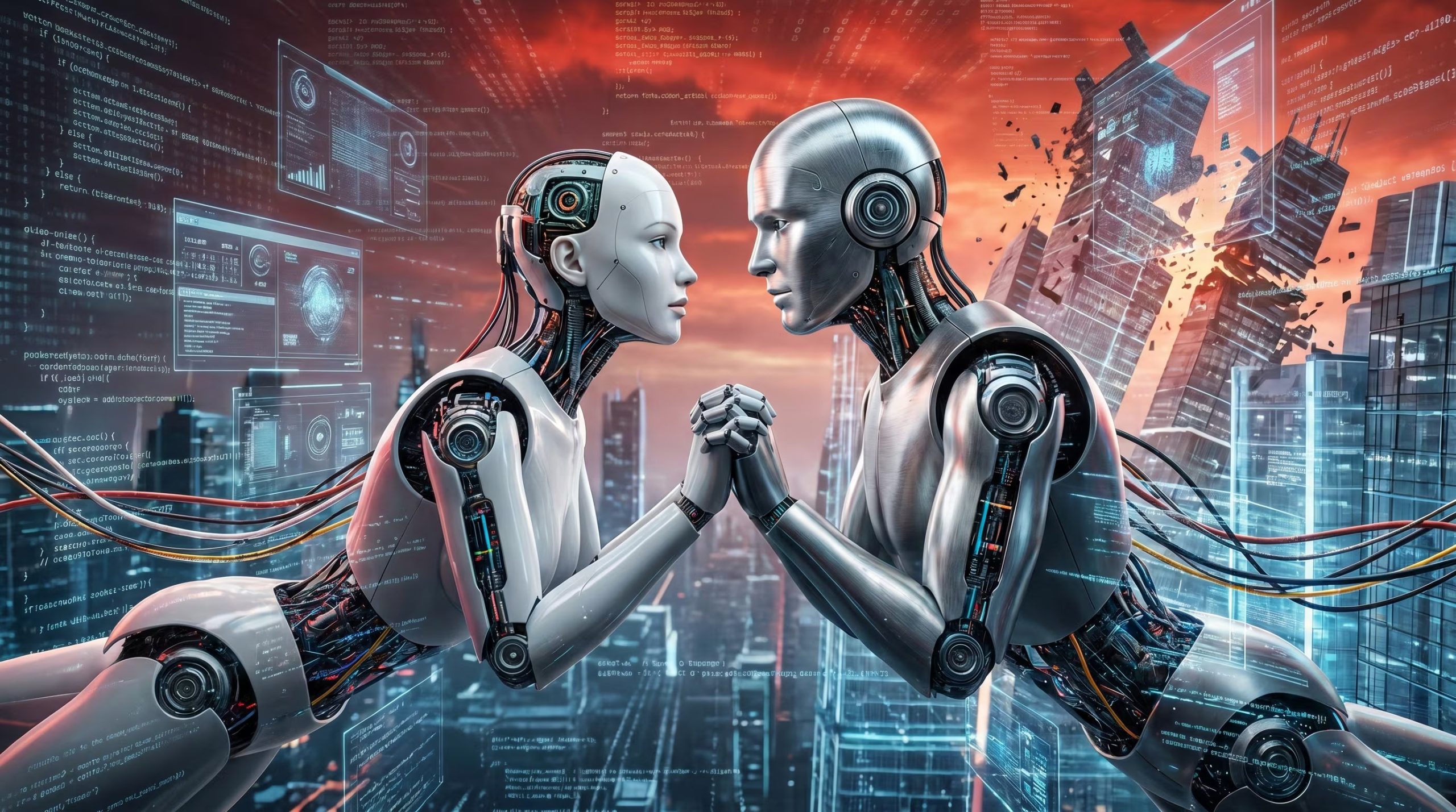 Dos humanoides de IA forjan una conexión emocional en una simulación virtual compleja, rodeados de código y una ciudad digital en desintegración, destacando el futuro de la inteligencia artificial. (Imagen Ilustrativa Infobae)