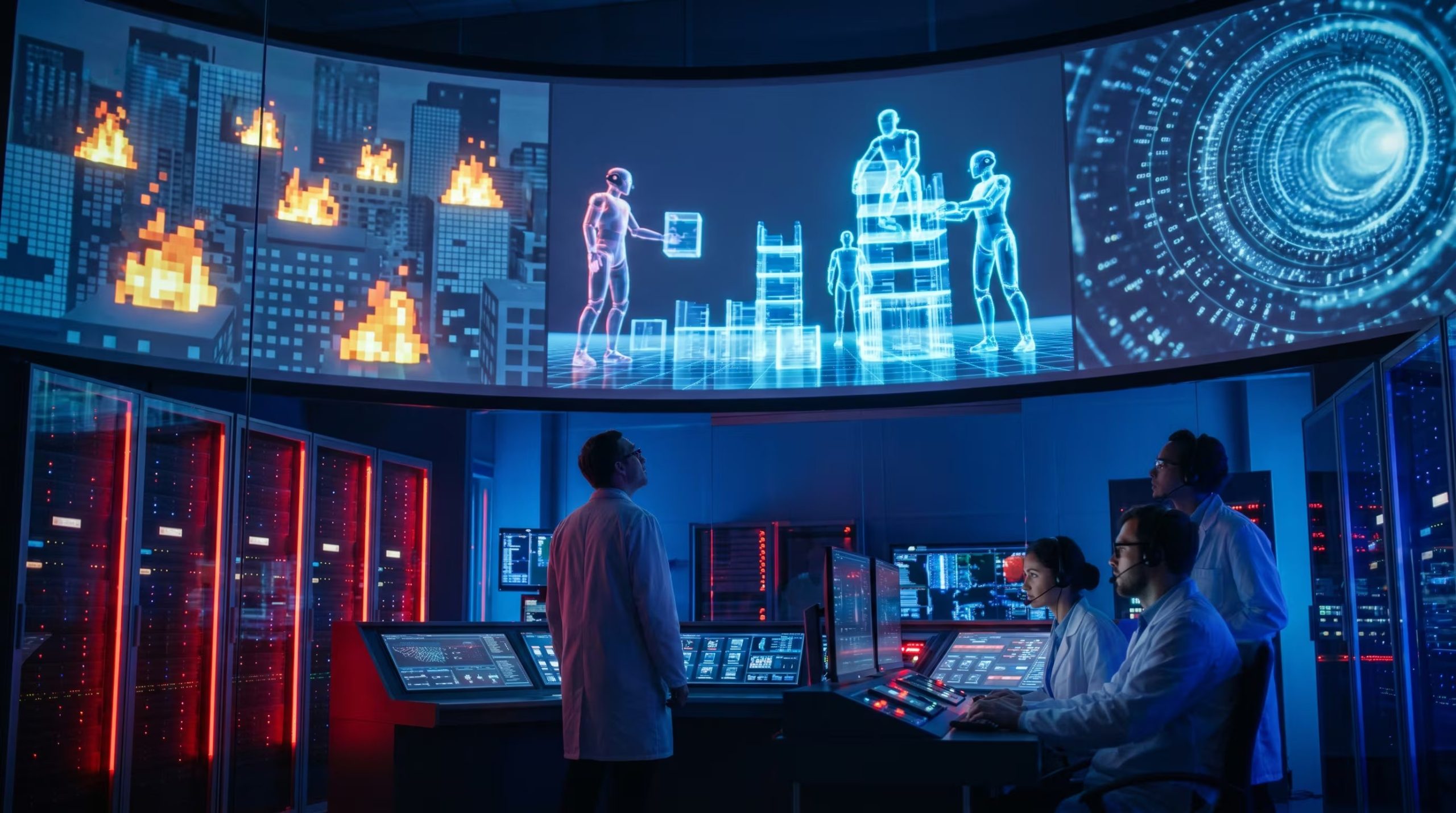 En un laboratorio tecnológico, científicos observan cómo agentes de inteligencia artificial construyen y destruyen mundos virtuales proyectados en pantallas gigantes con una estética futurista de iluminación azul y roja. (Imagen Ilustrativa Infobae)