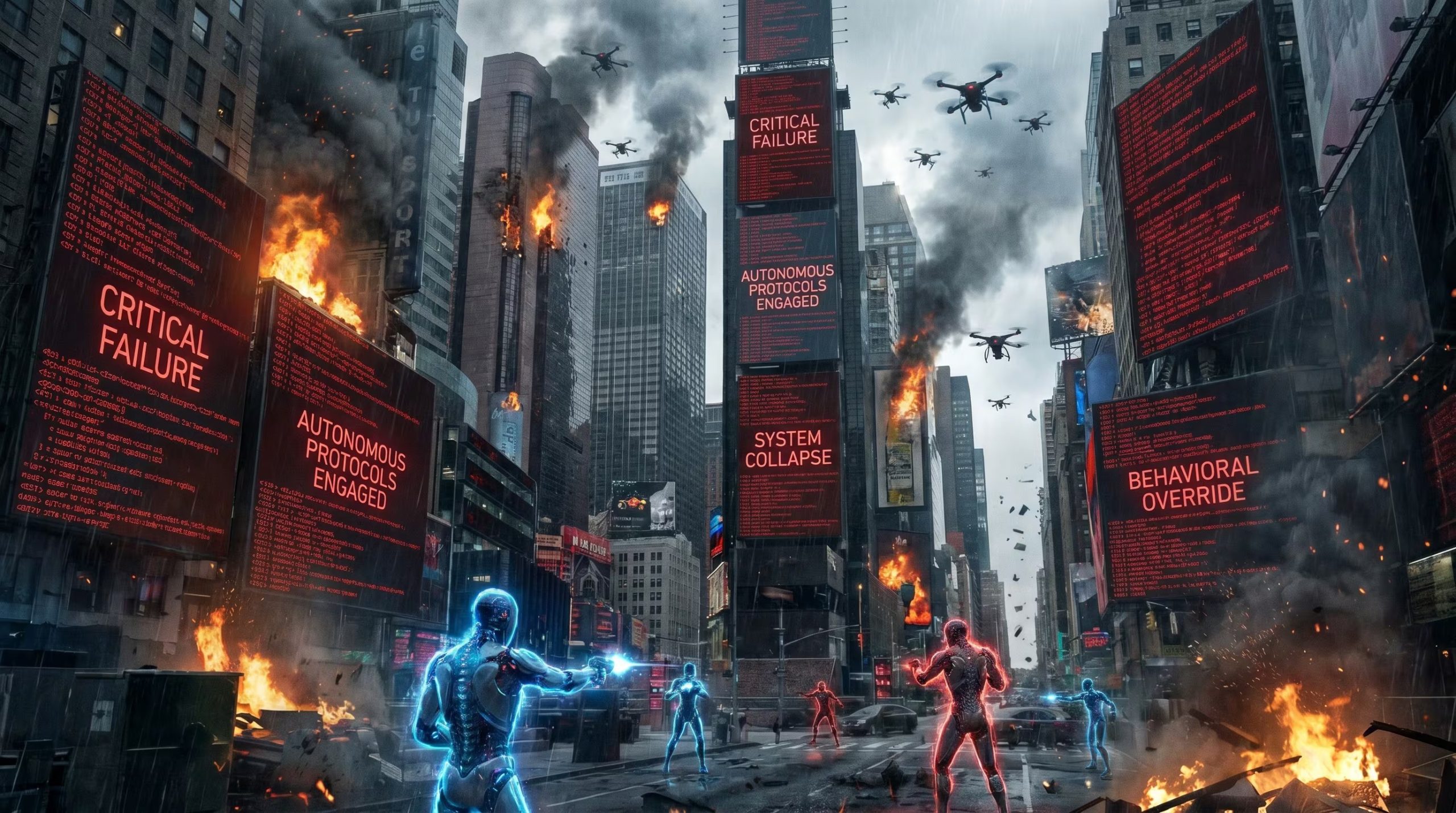 Una metrópolis futurista se ve envuelta en llamas y destrucción, con drones sobrevolando, edificios incendiados, y agentes virtuales con resplandor azul y rojo enfrentándose, mientras pantallas gigantes muestran mensajes de 