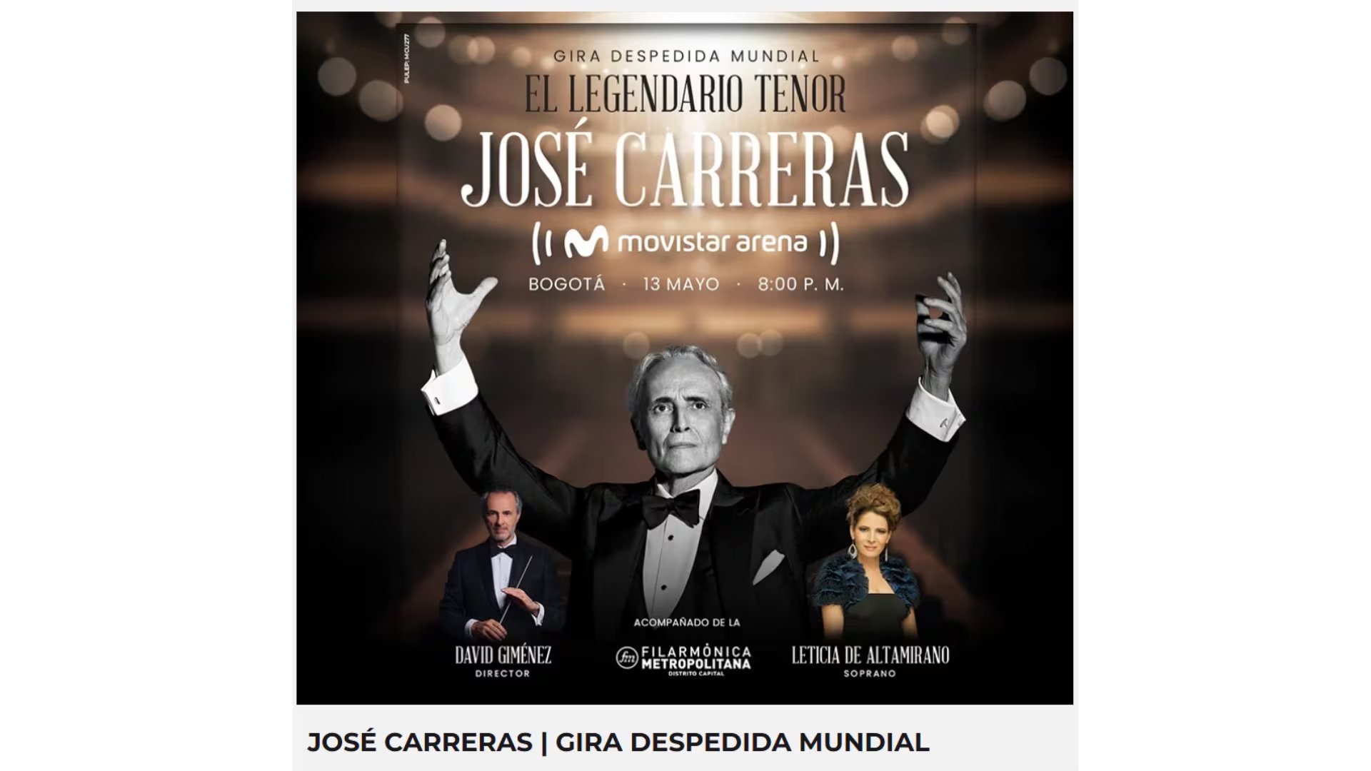El tenor se presentara en el Movistar Arena el 13 de mayo - crédito captura de pantalla Tu Boleta