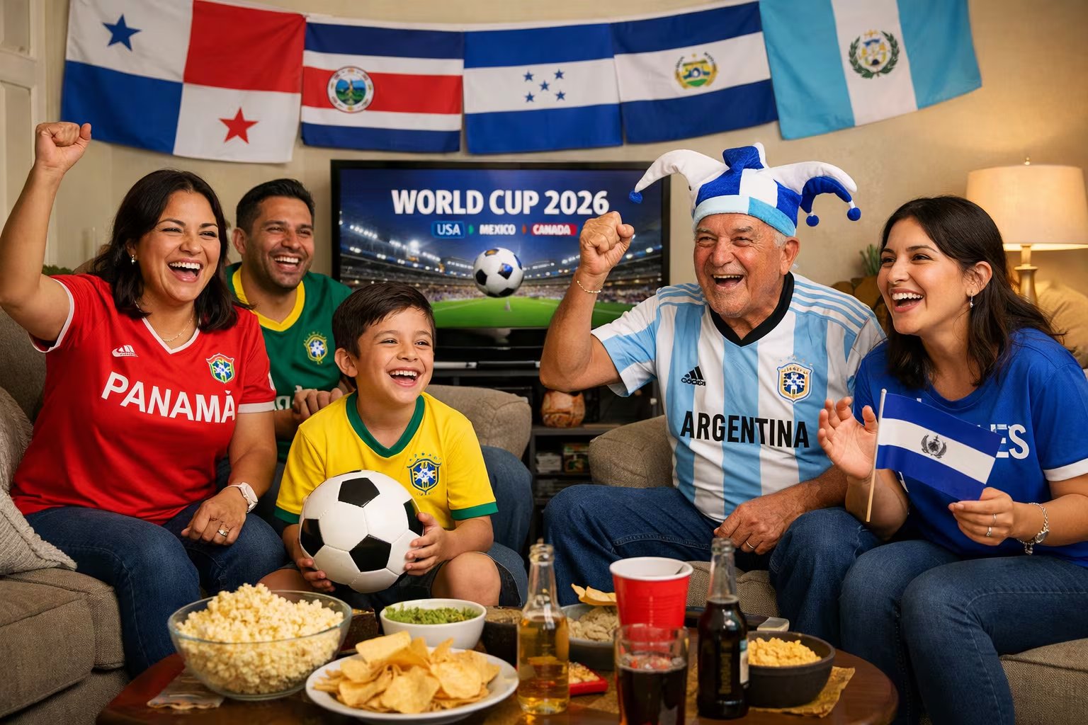 Una familia animada celebra el Mundial 2026 en un ambiente festivo, luciendo camisetas de Panamá, Brasil y Argentina, con banderas centroamericanas de fondo mientras disfrutan del partido en casa. (Imagen Ilustrativa Infobae)