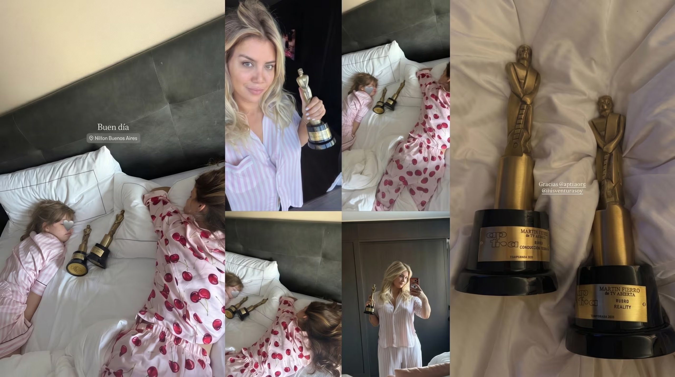 Wanda Nara y sus hijas amanecieron en Buenos Aires junto a dos premios Martín Fierro, celebrando los recientes galardones en un momento íntimo. (Instagram)