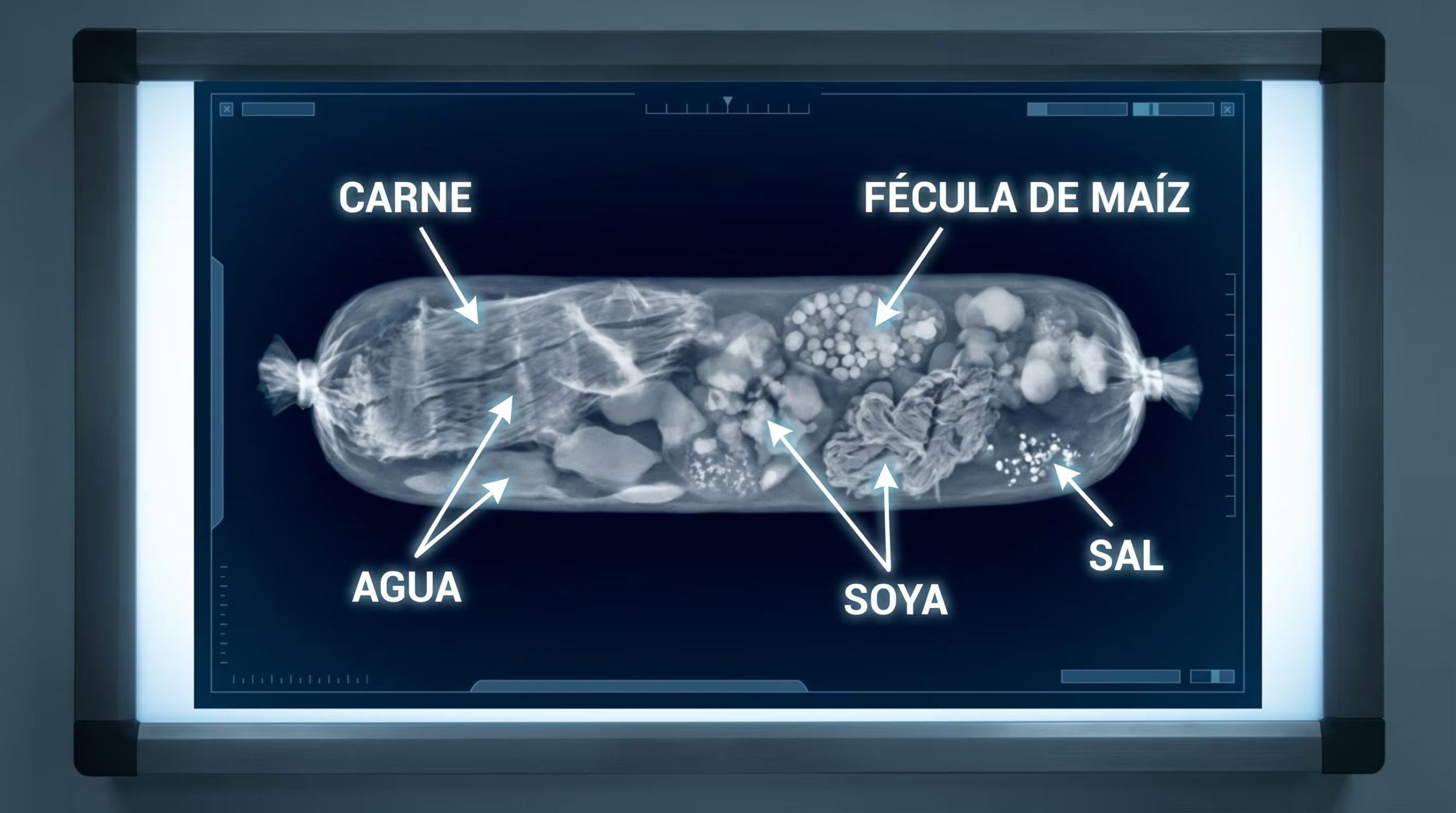 Esta imagen presenta una radiografía detallada de una salchicha, mostrando claramente sus principales ingredientes como carne, agua, fécula de maíz, soya y sal. (Imagen Ilustrativa Infobae)