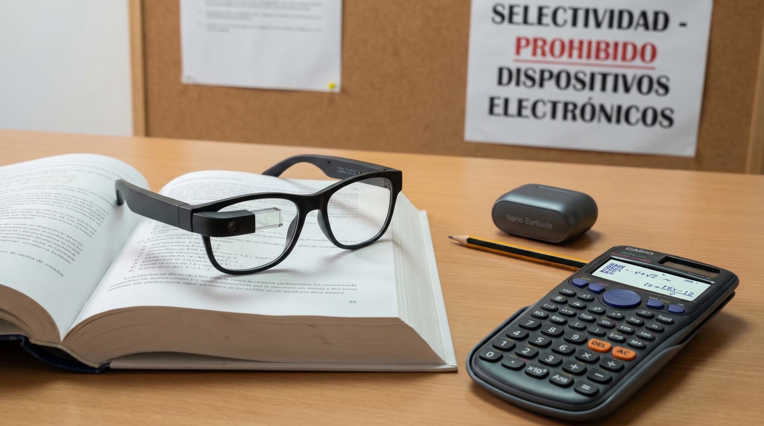 Una mesa de estudio muestra un libro abierto junto a gafas inteligentes, un estuche de nanopinganillos y una calculadora Casio, con un cartel de 