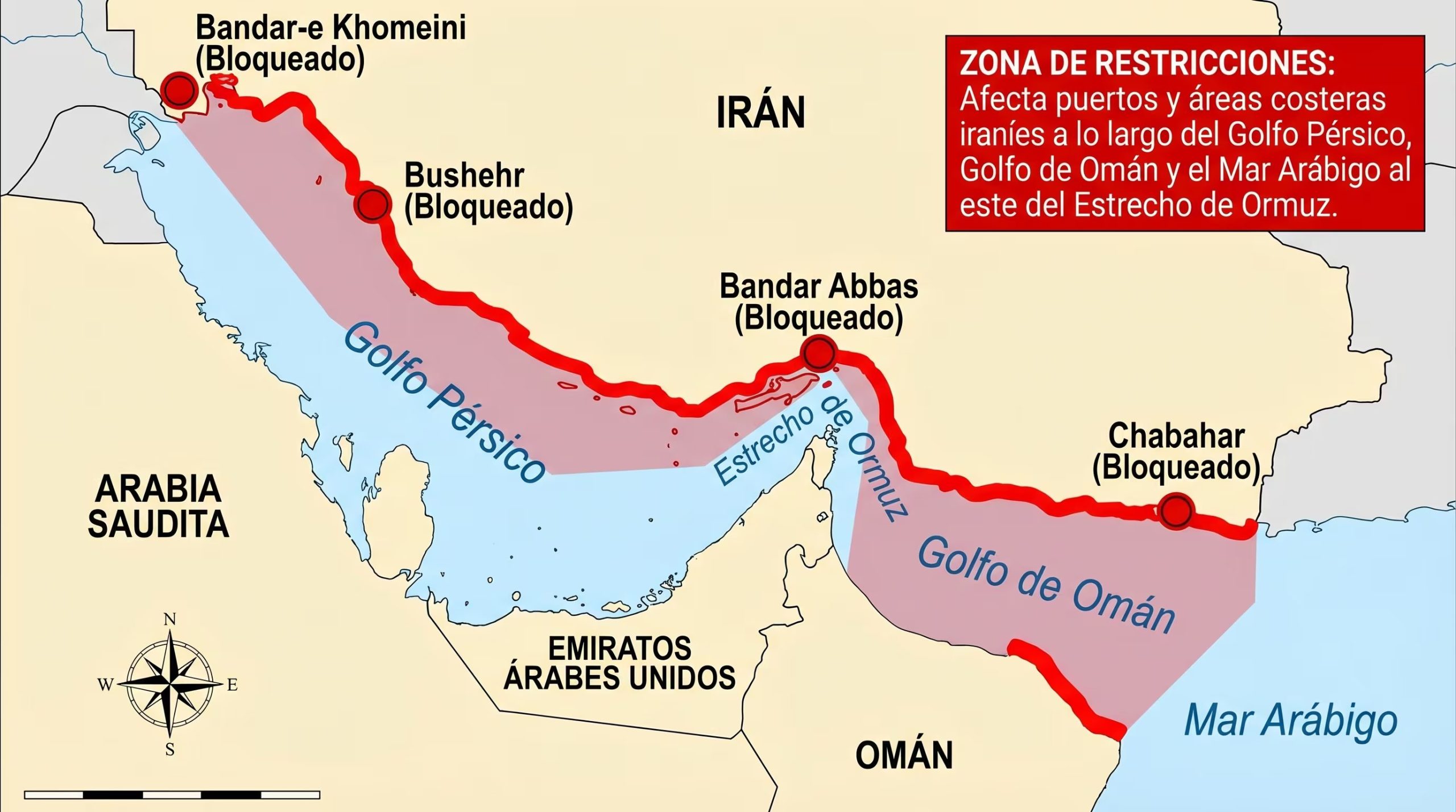 Este mapa ilustra las zonas costeras y puertos iraníes afectados por restricciones marítimas a lo largo del Golfo Pérsico, Estrecho de Ormuz, Golfo de Omán y Mar Arábigo, destacando Bandar-e Khomeini, Bushehr, Bandar Abbas y Chabahar. (Imagen Ilustrativa Infobae)