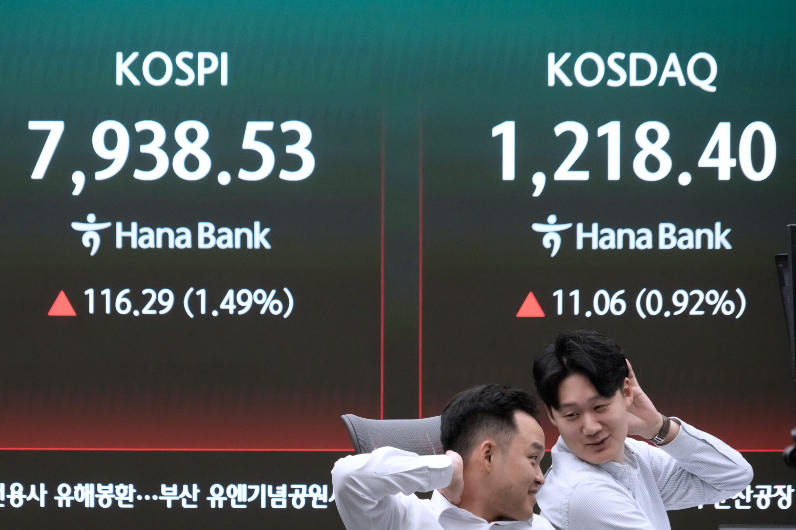 Operadores de divisas reaccionan junto a una pantalla con el índice surcoreano Korea Composite Stock Price Index (KOSPI), a la izquierda, en la sala de operaciones del banco Hana en Seúl, Corea del Sur, el martes 12 de mayo de 2026. (AP Foto/Ahn Young-joon)