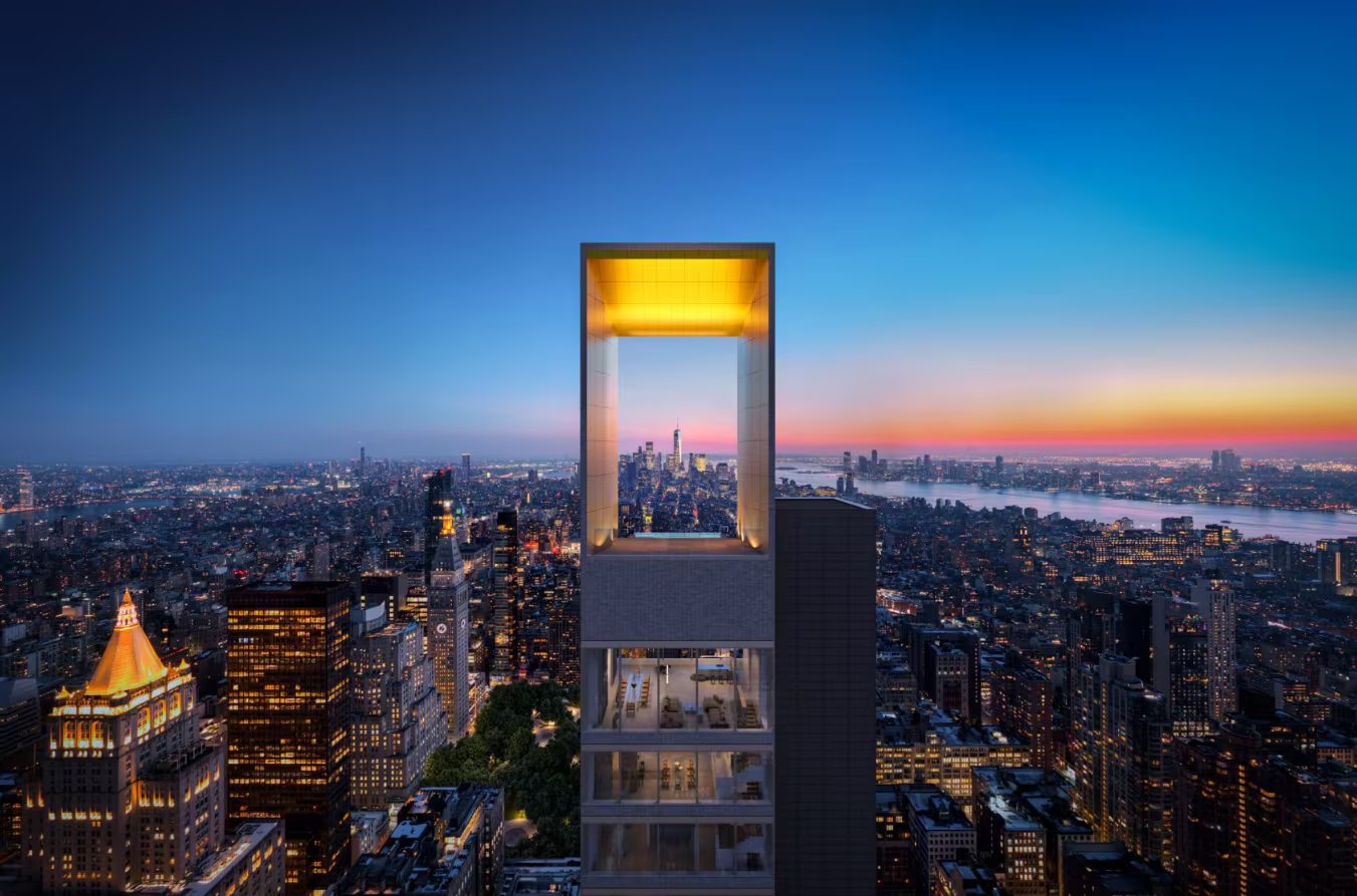 Las innovaciones técnicas del 262 Fifth Avenue incluyen ventanas de seis metros de altura, un núcleo estructural desplazado y una piscina infinita en la azotea (DBOX/Renders)
