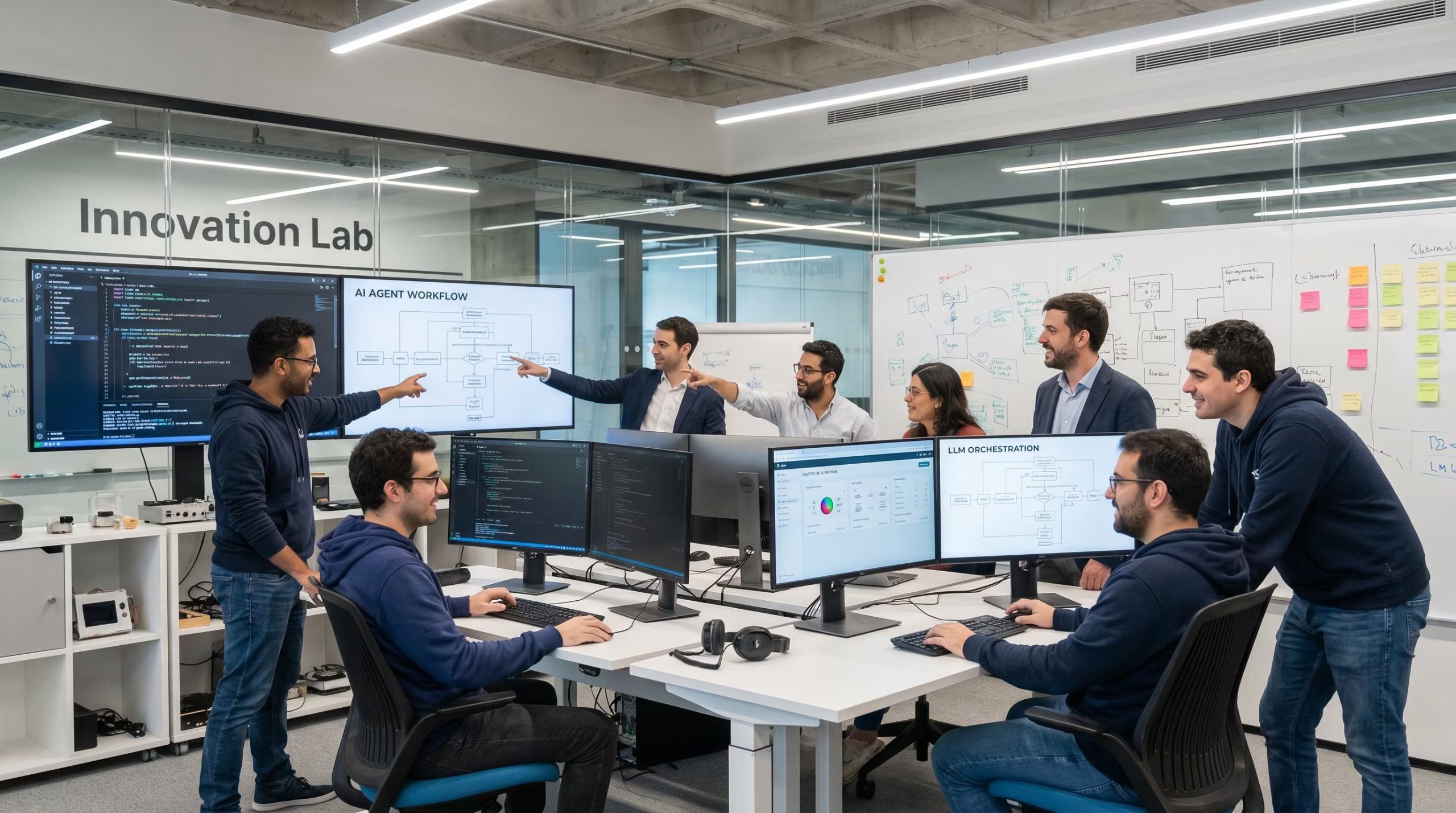 Un equipo de desarrolladores colabora en una sala de innovación, trabajando en agentes de inteligencia artificial con pantallas mostrando código, modelos de lenguaje y diagramas de automatización. (Imagen Ilustrativa Infobae)
