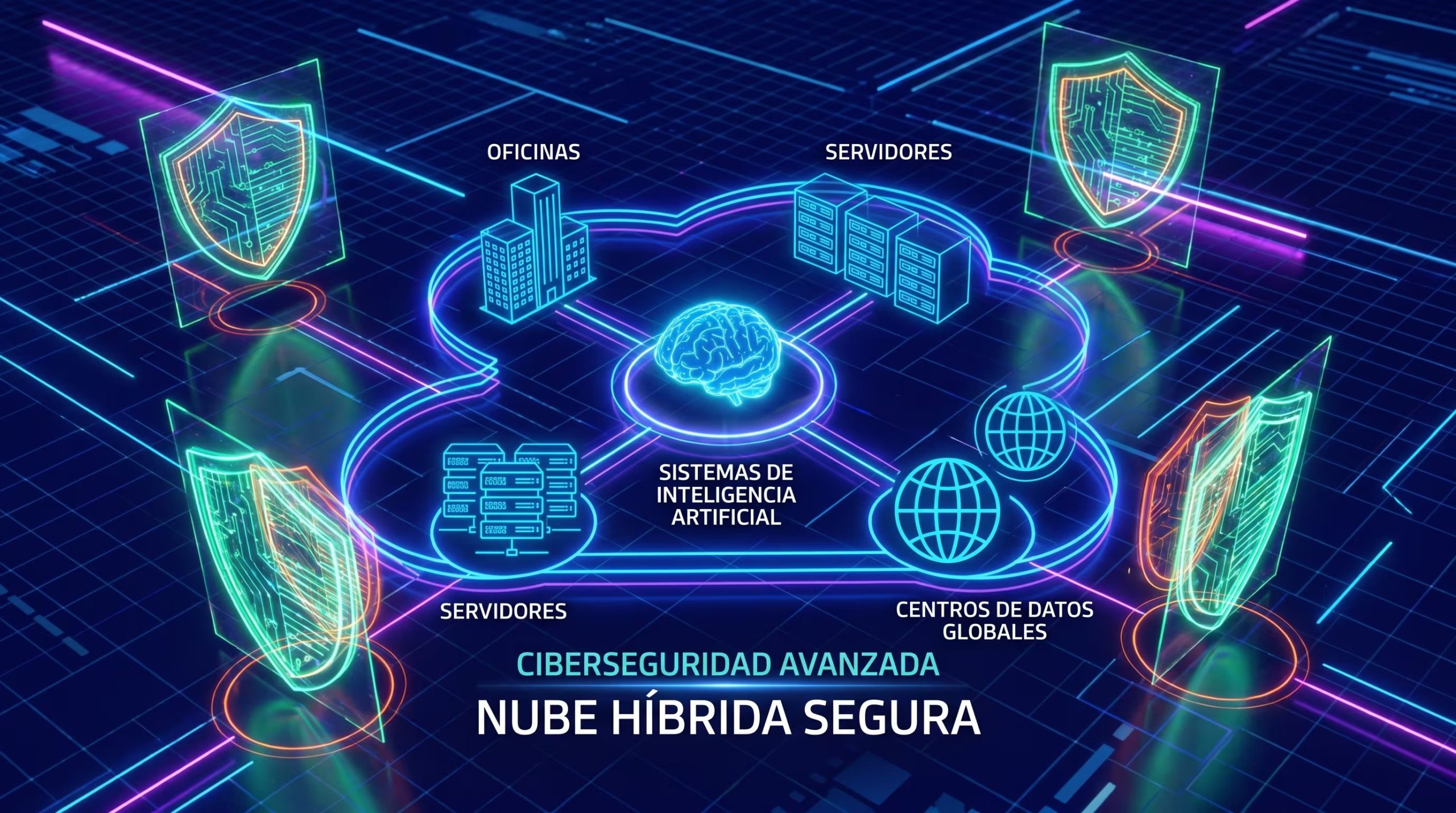 Una visualización digital futurista muestra una nube híbrida conectando oficinas, servidores y centros de datos globales, protegida por escudos holográficos de ciberseguridad alrededor de sistemas de inteligencia artificial. (Imagen Ilustrativa Infobae)