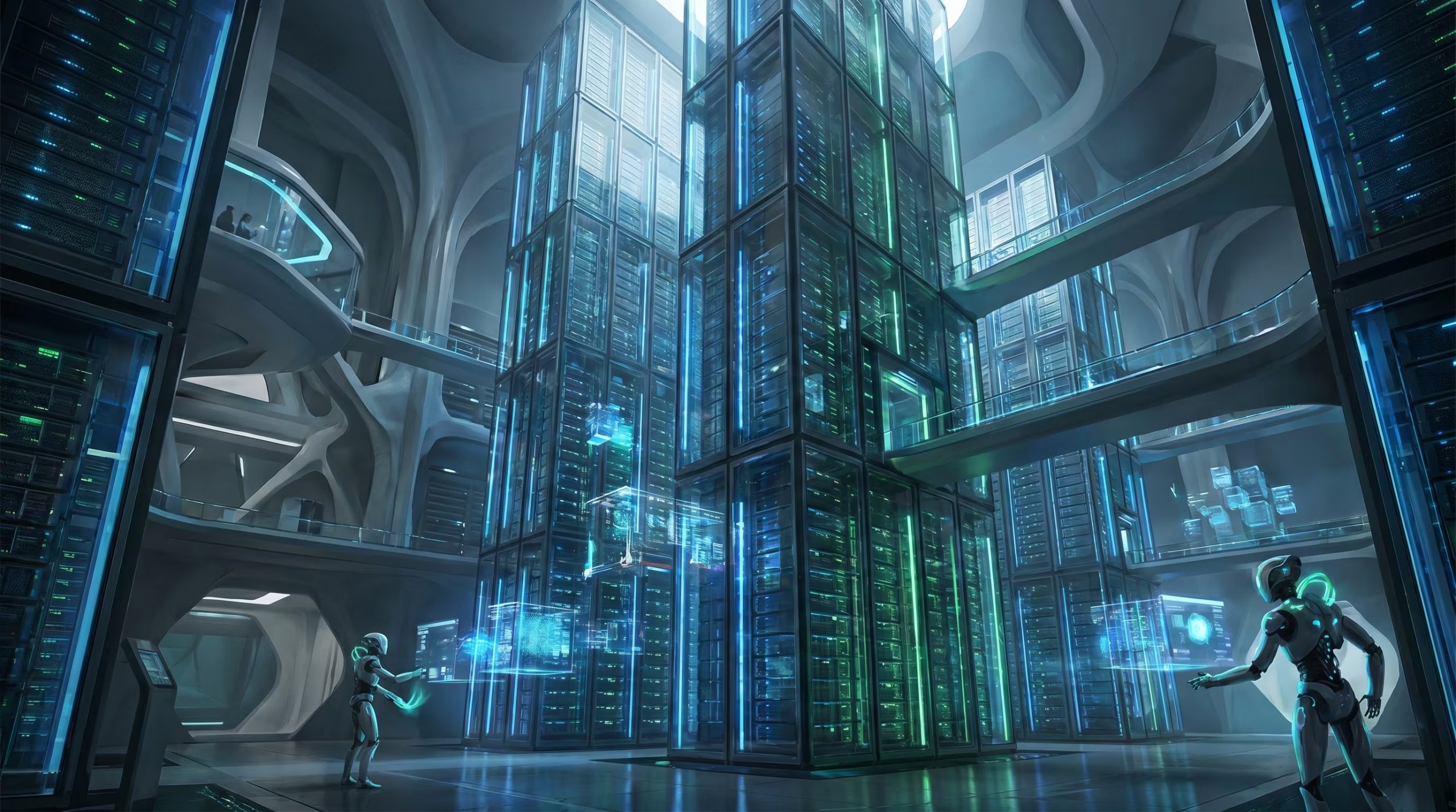 Una representación artística de una 'AI Factory' muestra enormes racks de servidores y robots autónomos moviendo datos holográficos en un entorno de arquitectura tecnológica avanzada. (Imagen Ilustrativa Infobae)