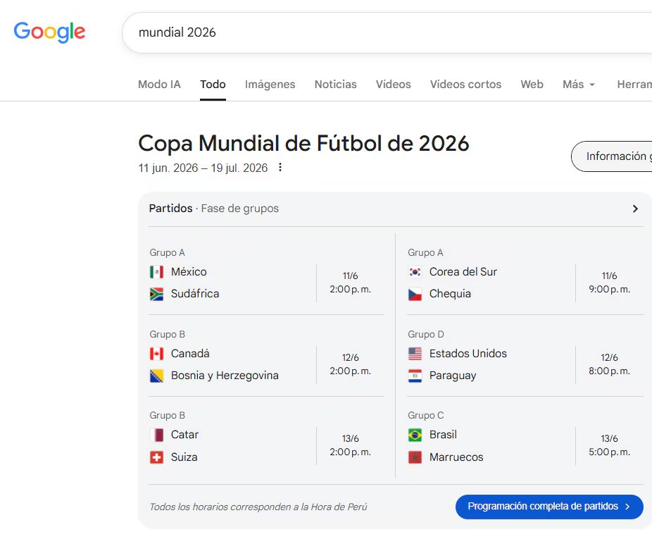 El buscador redirige automáticamente al usuario a un panel especial sobre el torneo cuando escribe “Mundial 2026”.
(Captura Google)