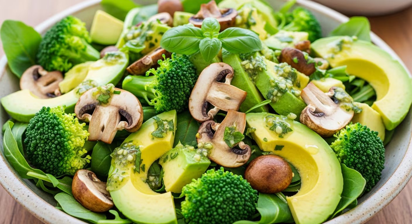 Disfrute de una ensalada saludable y energizante con champiñones, brócoli y aguacate, ideal para una alimentación fresca y nutritiva. (Imagen Ilustrativa Infobae)