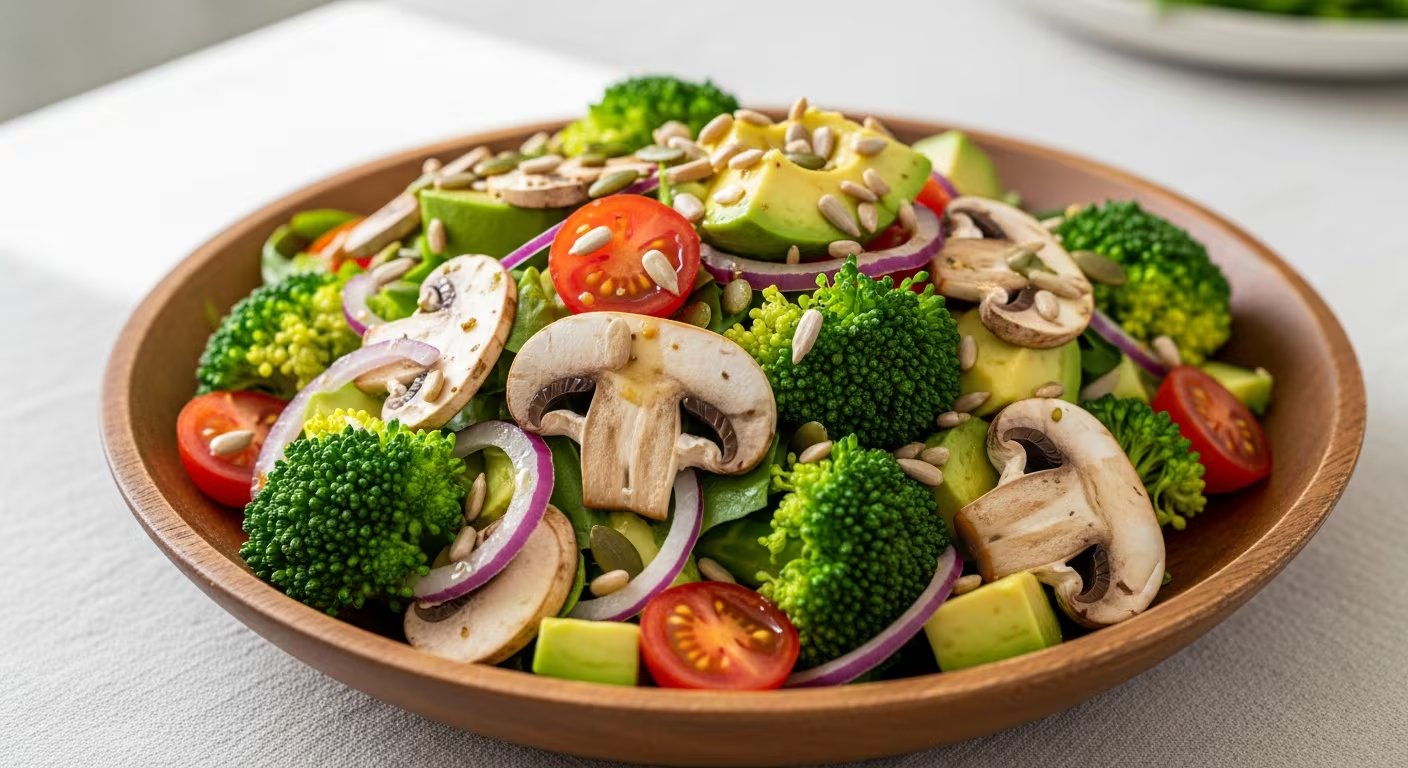 Disfrute de una ensalada vibrante y saludable que combina champiñones, brócoli y aguacate, ofreciendo una receta fresca y llena de energía natural para cualquier momento. (Imagen Ilustrativa Infobae)