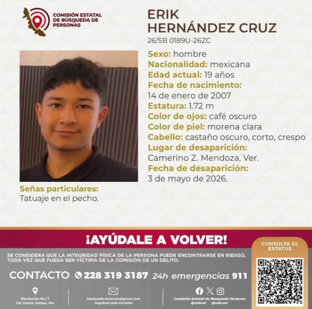 Erik Hernández Cruz fue reportado como desaparecido en Veracruz.