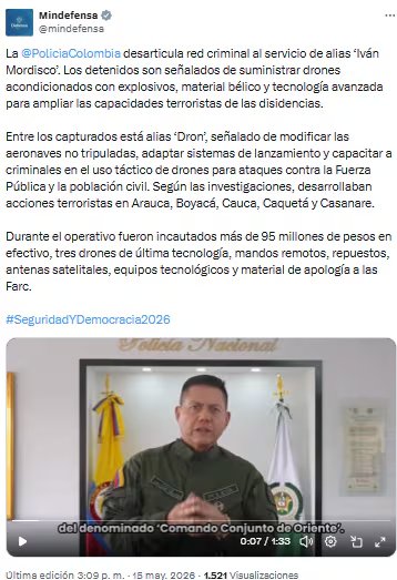 Policía Nacional desarticuló red que suministraba drones explosivos a disidencias de alias Iván Mordisco - crédito @mindefensa/X