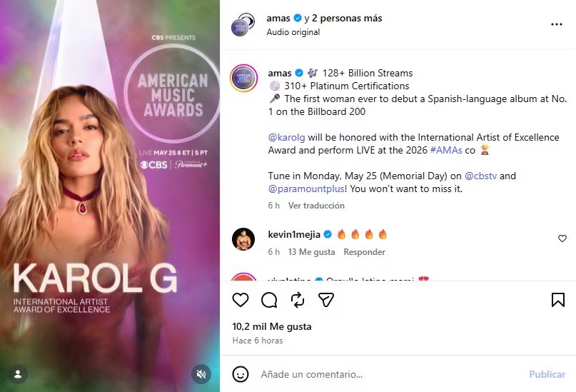 La Bichota recibirá el reconocimiento a la excelencia musical de los AMAs, siendo la primera latina en recibirlo, y la primera artista en general en ser reconocida en 17 años - crédito @amas/Instagram