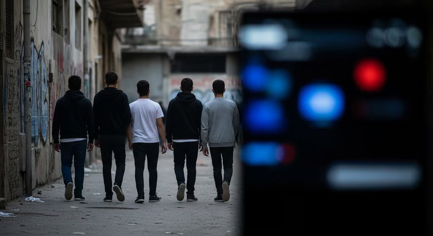 Cinco jóvenes caminan por una calle urbana deteriorada con grafitis, mientras en primer plano desenfocado se insinúa la influencia de pantallas digitales y posibles discursos extremistas. (Imagen Ilustrativa Infobae)