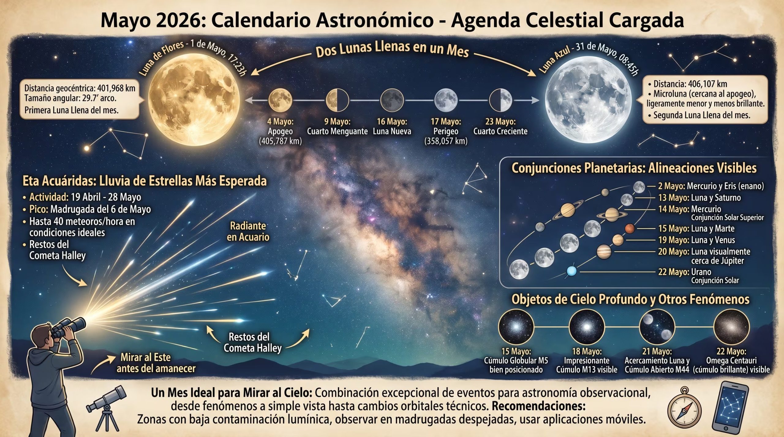 Un calendario astronómico detalla los eventos celestiales de mayo de 2026, incluyendo dos lunas llenas, la lluvia de meteoros Eta Acuáridas y varias conjunciones planetarias, ofreciendo múltiples oportunidades para la observación. (Imagen Ilustrativa Infobae)