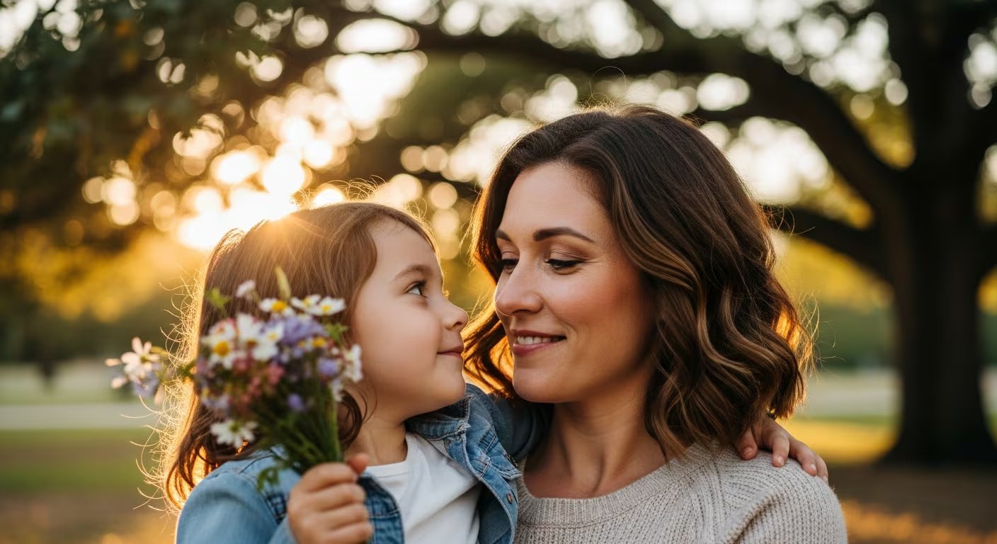 Una madre y su hija intercambian miradas llenas de cariño y alegría, celebrando el Día de la Madre con un ramo de flores bajo la cálida luz del sol. (Imagen Ilustrativa Infobae)
