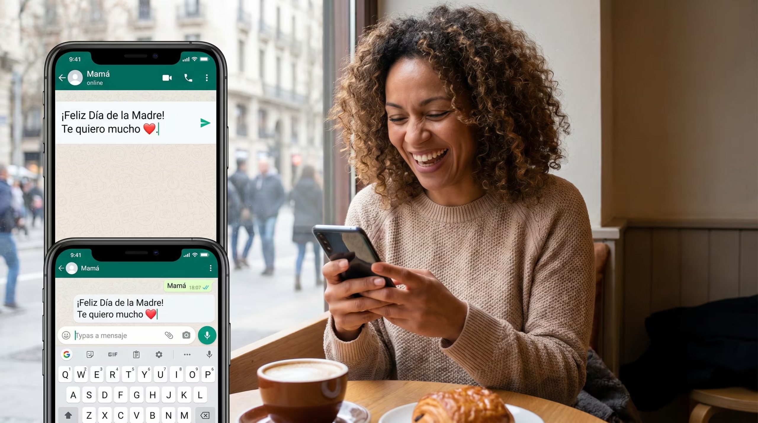 Una persona sonríe mientras envía un mensaje de WhatsApp deseando un feliz Día de la Madre, conectando con su mamá a través de la tecnología. (Imagen Ilustrativa Infobae)