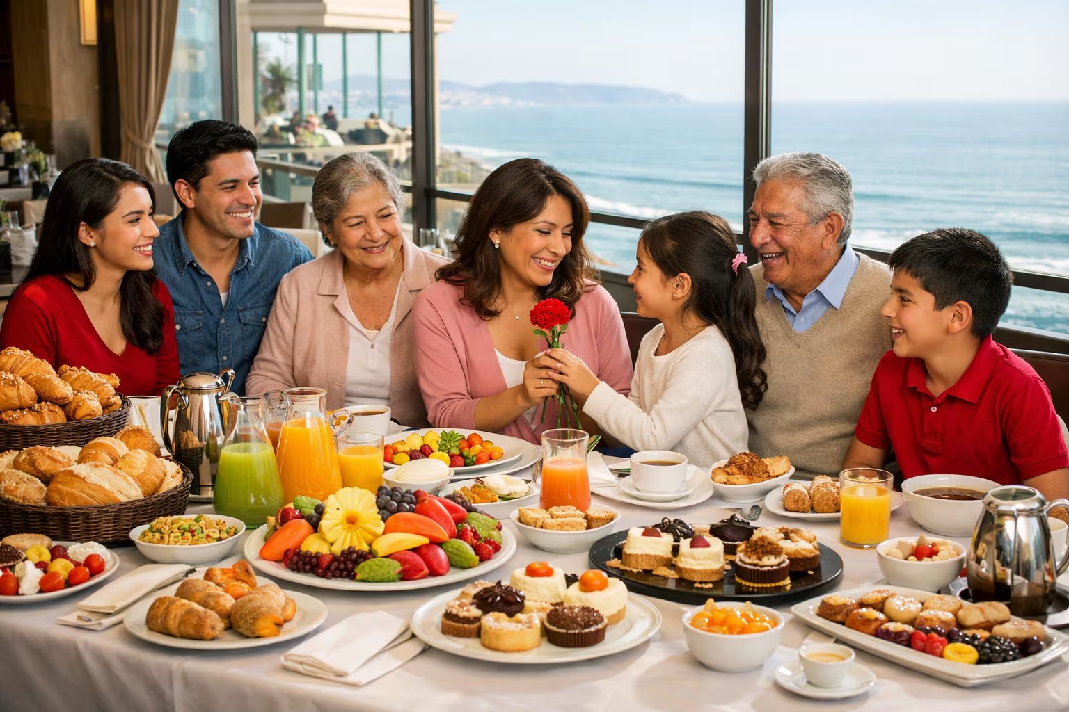 Una familia peruana sonríe y comparte un opulento desayuno buffet en un elegante hotel de Lima con vistas al océano Pacífico, celebrando el Día de la Madre con una hija entregando una flor. (Imagen Ilustrativa Infobae)