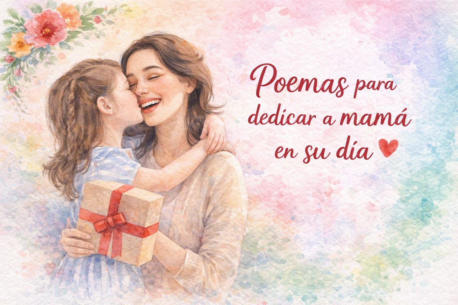 Ilustración acuarela de una madre sonriente recibiendo un beso de su hija mientras sostiene un regalo, con el texto 