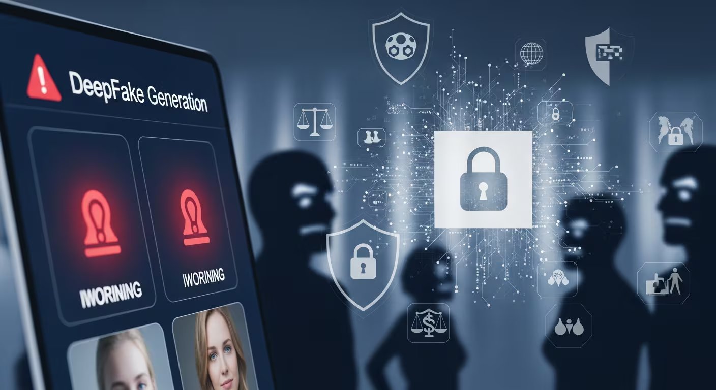 La imagen muestra una pantalla con advertencias sobre la generación de deepfakes, acompañada de siluetas humanas y símbolos digitales de seguridad, como candados y escudos, que representan la preocupación por la privacidad y la integridad digital en la era de la inteligencia artificial. (Imagen Ilustrativa Infobae)