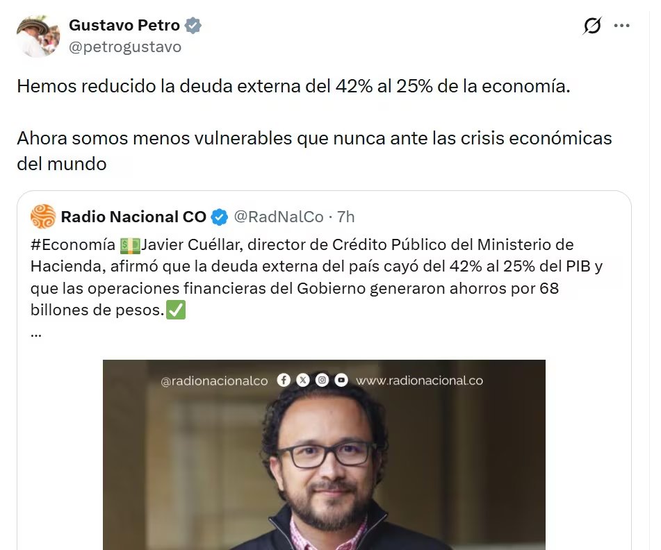 Gobierno Petro aseguró que Colombia redujo USD 10.000 millones de deuda externa - crédito @petrogustavo/X