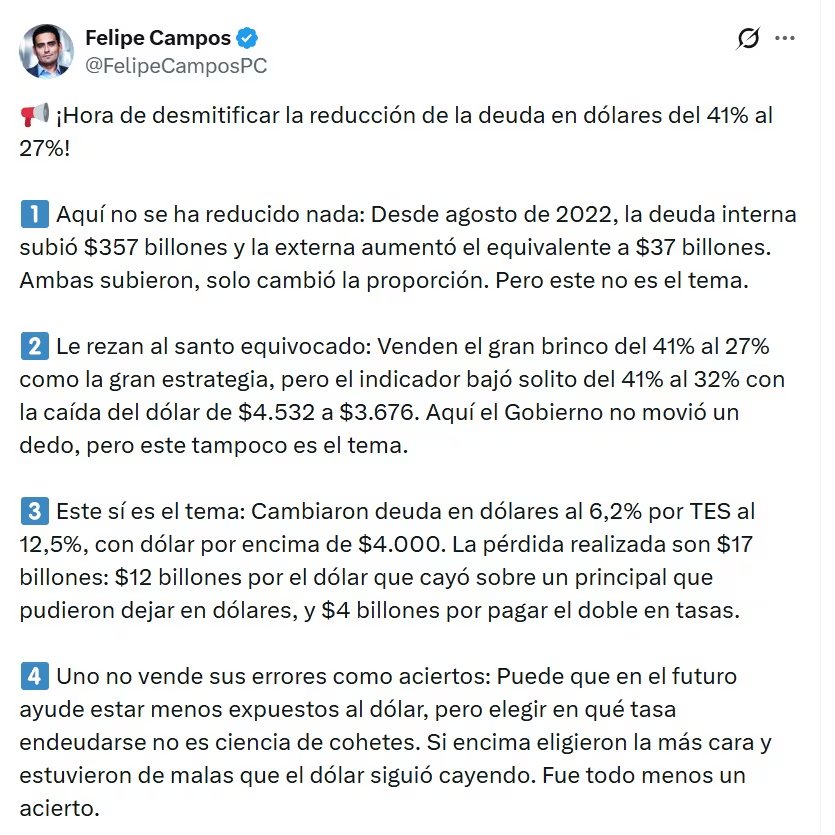 Felipe Campos, gerente de Inversión y Estrategia Alianza Valores y Fiduciaria, dijo que la deuda de Colombia no se ha reducido - crédito @FelipeCamposPC/X