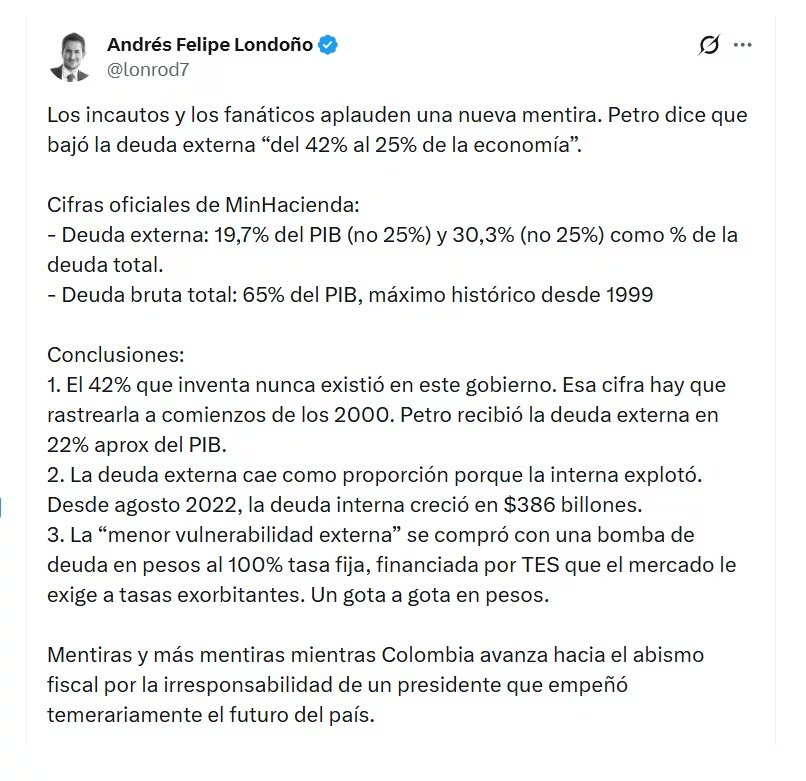 Andrés Felipe Londoño, exsuperintendente Financiero de Colombia, indicó que, desde agosto 2022, la deuda interna creció en $386 billones - crédito @Lonrod7/X