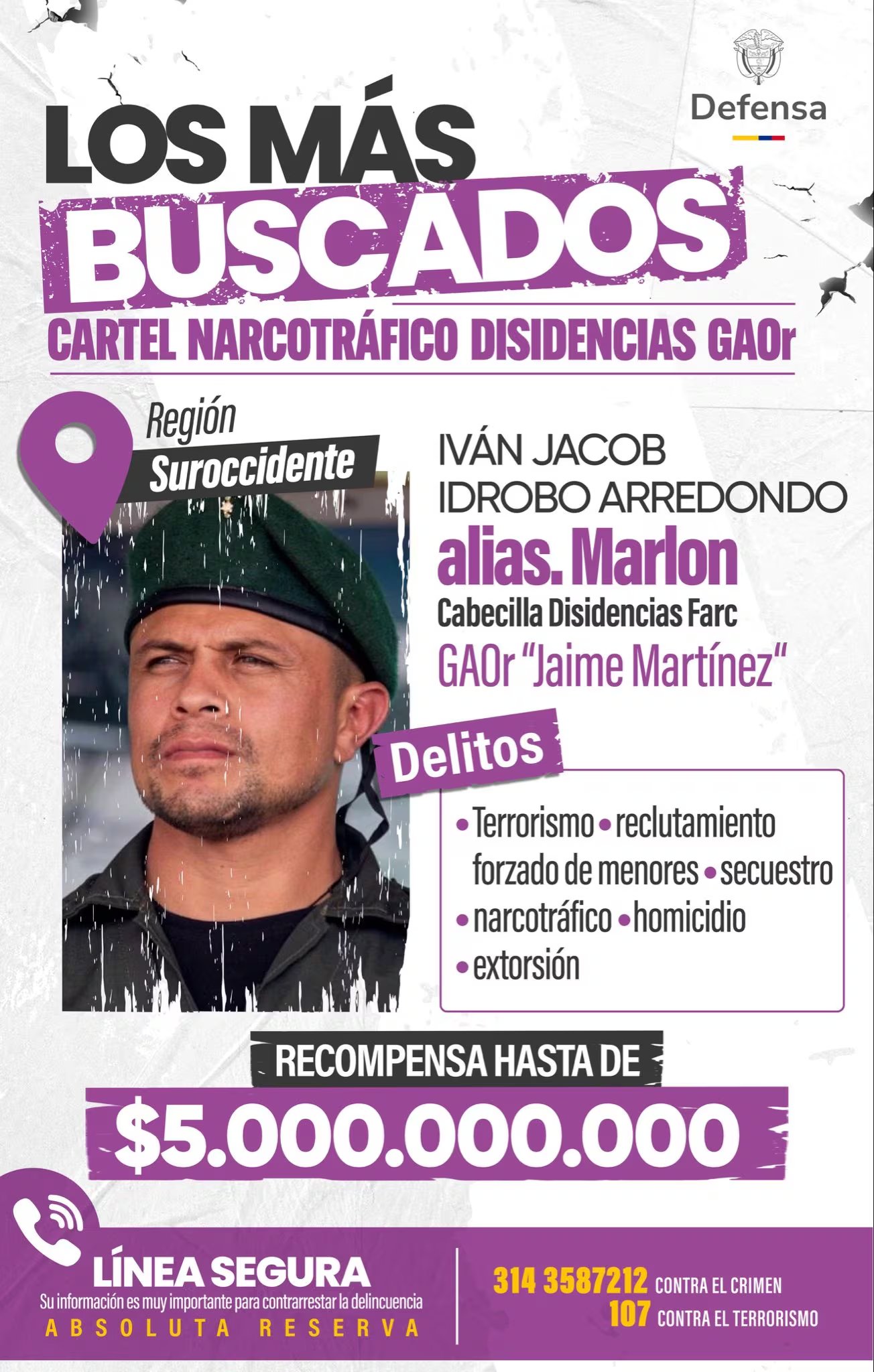 Iván Jacobo Idrobo Arredondo, alias “Marlon”, es señalado como uno de los principales cabecillas de las disidencias de las Farc en el suroccidente del país. - crédito captura @PedroSanchezCol / X