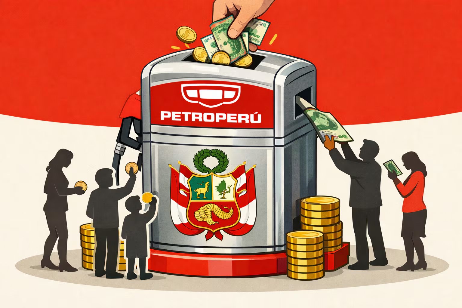 Una ilustración conceptual muestra a ciudadanos peruanos depositando dinero, representando el subsidio o costo social del combustible, en un surtidor de Petroperú transformado en alcancía con el escudo nacional del Ministerio de Economía y Finanzas. (Imagen Ilustrativa Infobae)