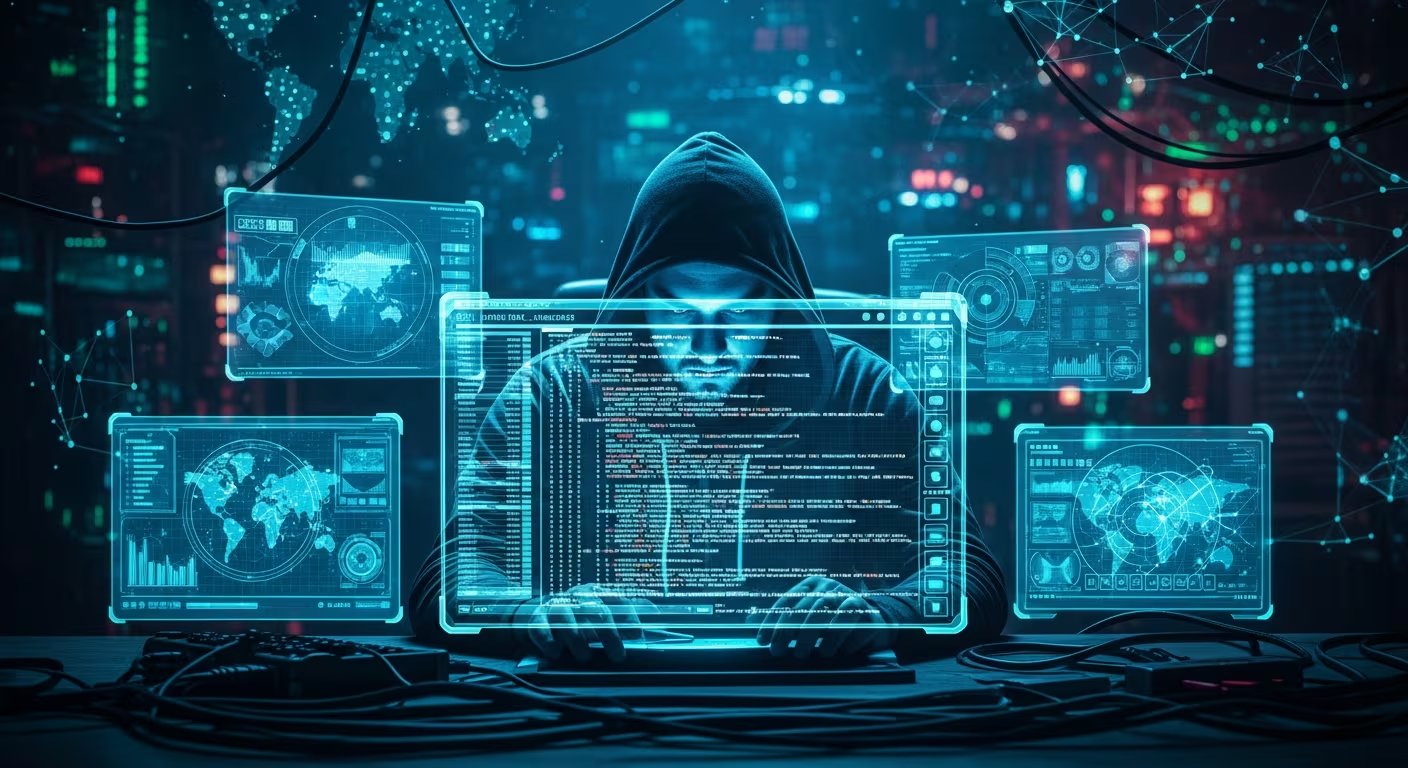 Un hacker encapuchado trabaja frente a múltiples pantallas holográficas en un entorno oscuro y futurista, mientras una inteligencia artificial genera líneas de código automáticamente para un ataque cibernético. (Imagen Ilustrativa Infobae)