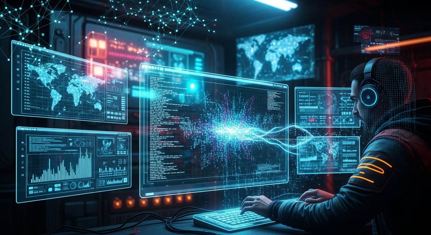 Un hacker trabaja en un ambiente futurista y oscuro, colaborando con una inteligencia artificial que genera código en múltiples pantallas holográficas con mapas de datos y alertas digitales. (Imagen Ilustrativa Infobae)
