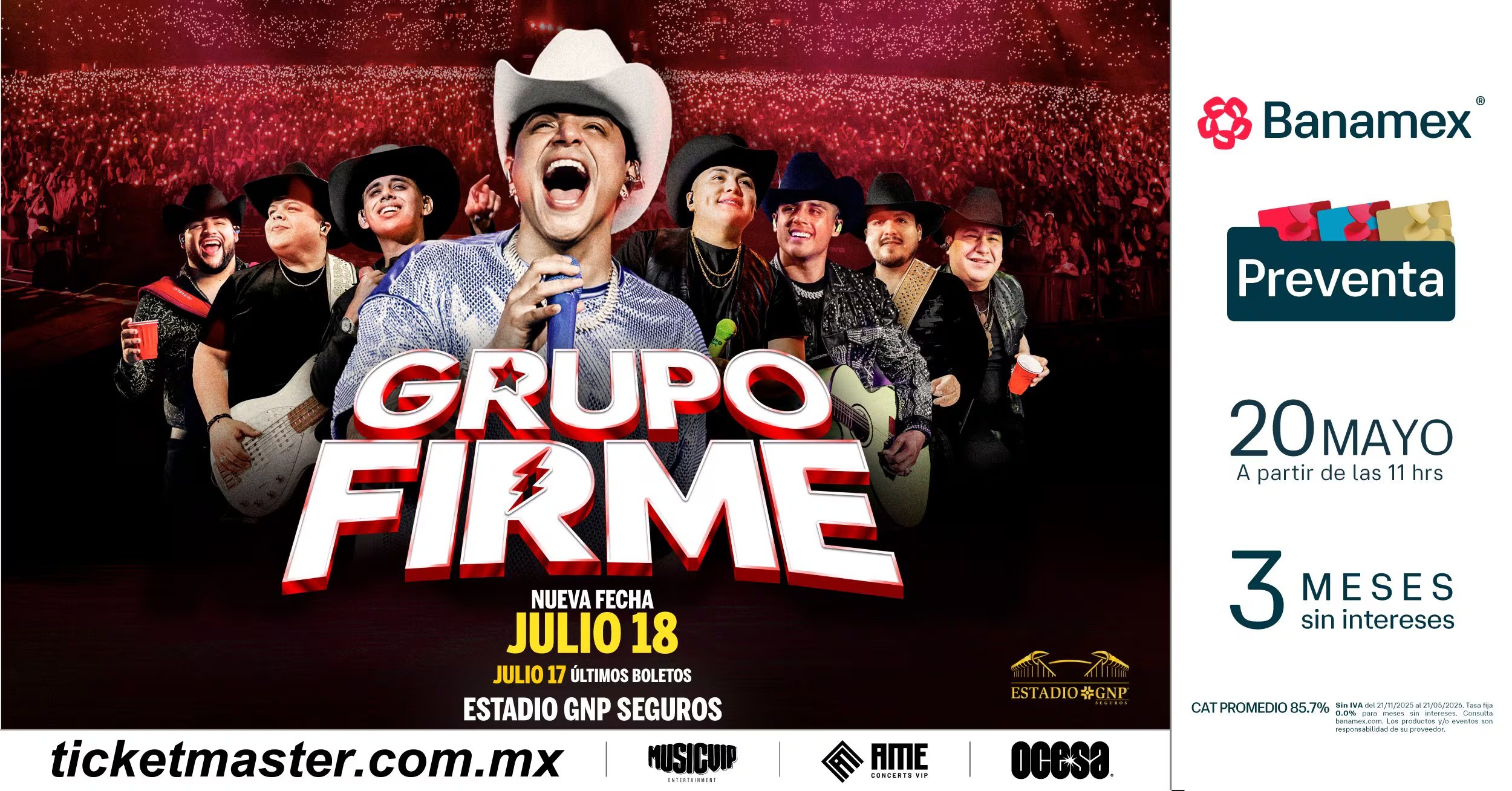 La preventa de boletos para asistir a Grupo Firme inicia el 20 de mayo a las 11:00 horas, exclusiva para tarjetahabientes Banamex (Ocesa)