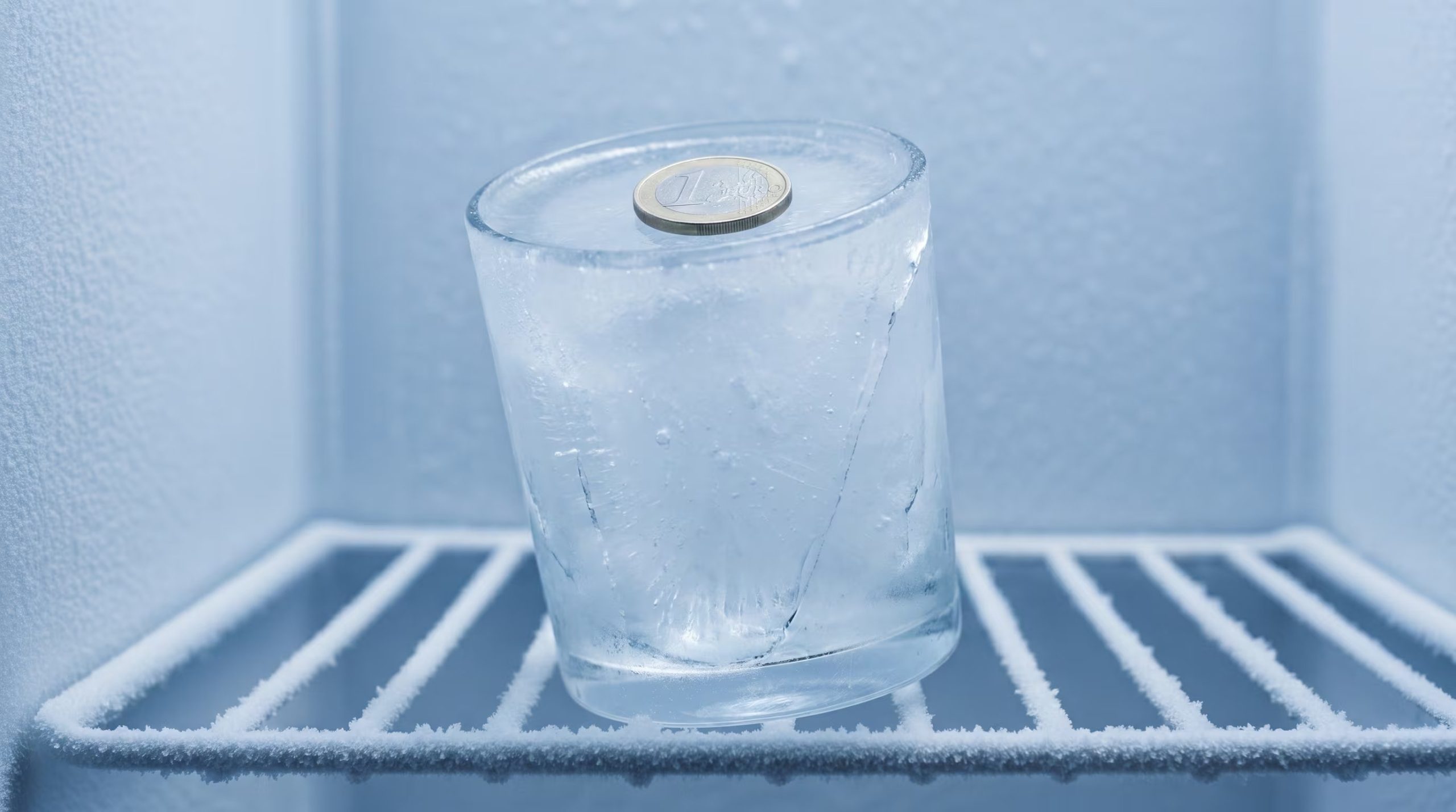 Una moneda de un Euro descansa sobre un vaso de agua congelada dentro de un congelador escarchado, representando la paralización económica o el impacto de la inflación. (Imagen Ilustrativa Infobae)