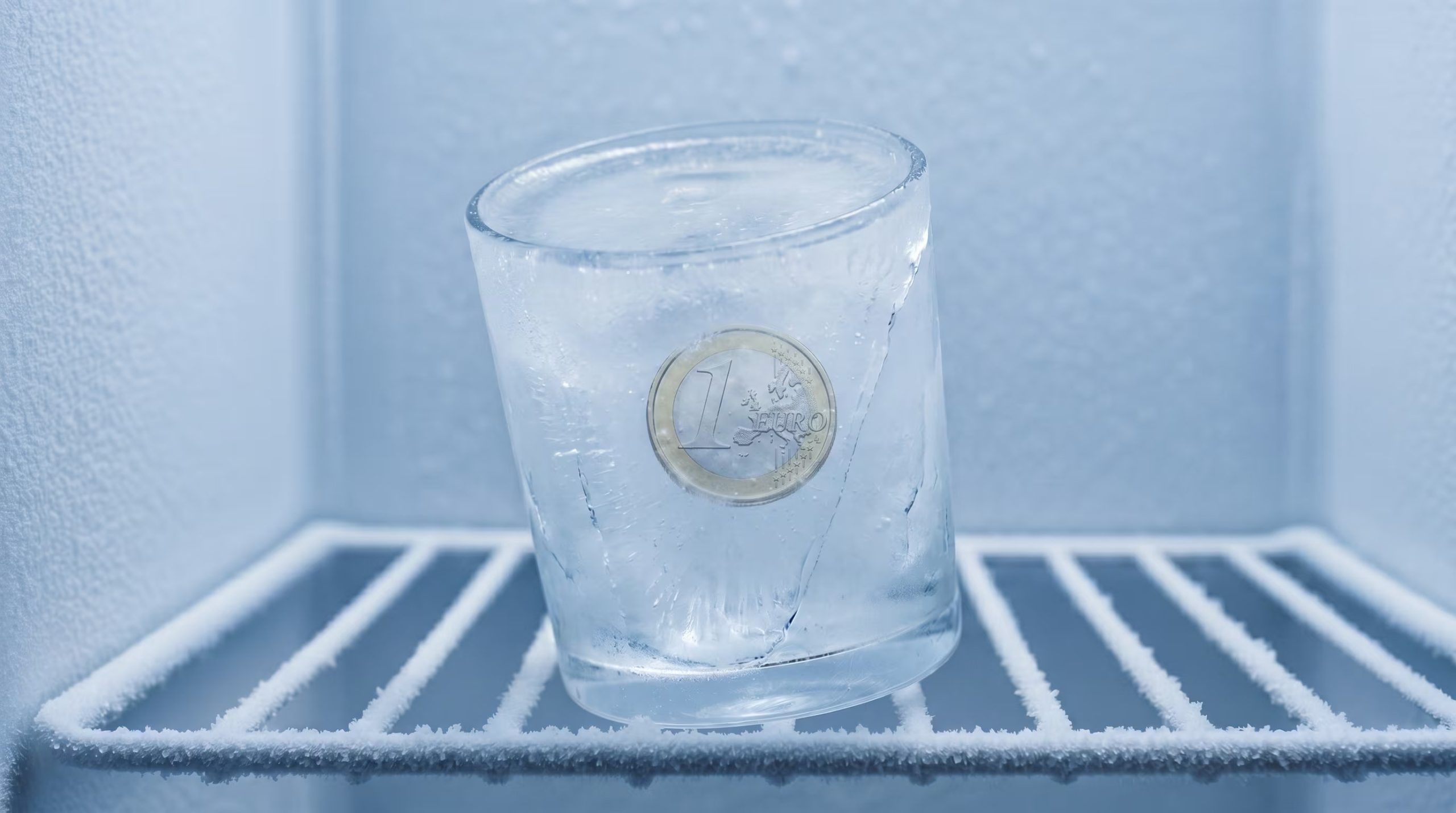 Un vaso de agua con una moneda de un euro congelada en su interior, colocado sobre una rejilla escarchada dentro de un congelador, ilustra la paralización económica. (Imagen Ilustrativa Infobae)