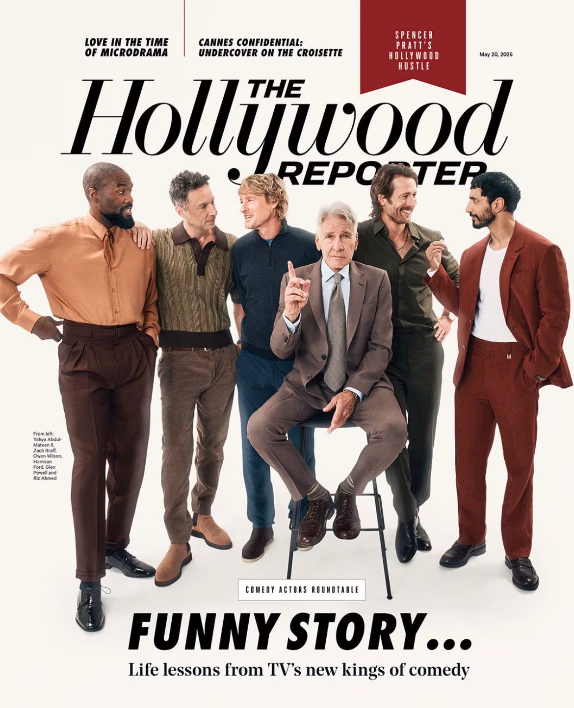 Yahya Abdul-Mateen II, Zach Braff, Owen Wilson, Harrison Ford, Glen Powell y Riz Ahmed compartieron anécdotas sobre encuentros insólitos con admiradores y la presión de ser reconocidos (Portada The Hollywood Reporter)