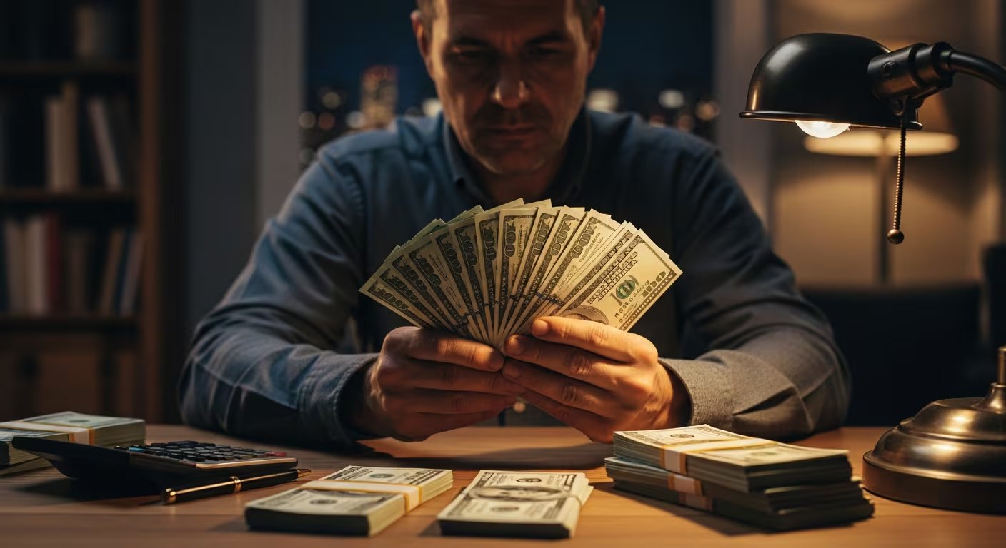 Un hombre cuenta meticulosamente billetes de cien dólares en Estados Unidos, con varios fajos de efectivo apilados y una calculadora sobre un escritorio de madera. (Imagen Ilustrativa Infobae)