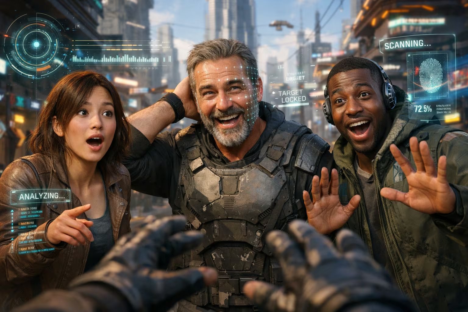Tres NPCs hiperrealistas en un videojuego muestran reacciones humanas naturales al interactuar con el jugador, enmarcados por una ciudad futurista y efectos visuales de IA flotando en el aire. (Imagen Ilustrativa Infobae)