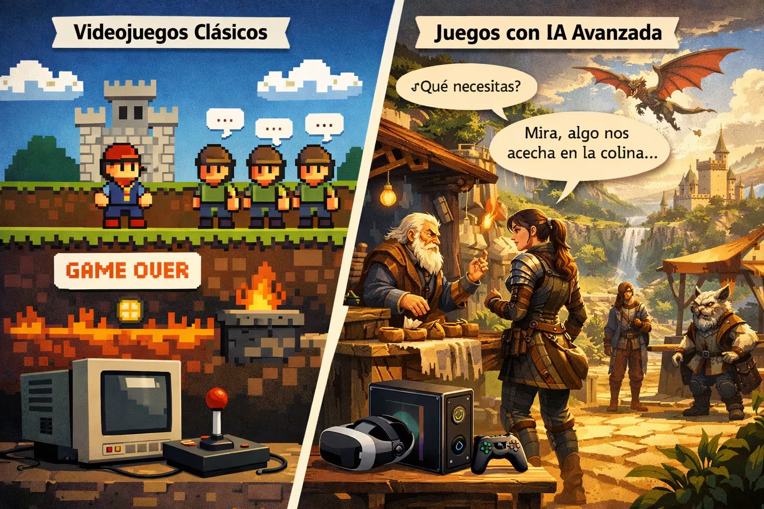 Una ilustración editorial compara la simplicidad de los videojuegos clásicos pixelados con la riqueza de los mundos vivos y personajes inteligentes de los juegos modernos impulsados por IA. (Imagen Ilustrativa Infobae)