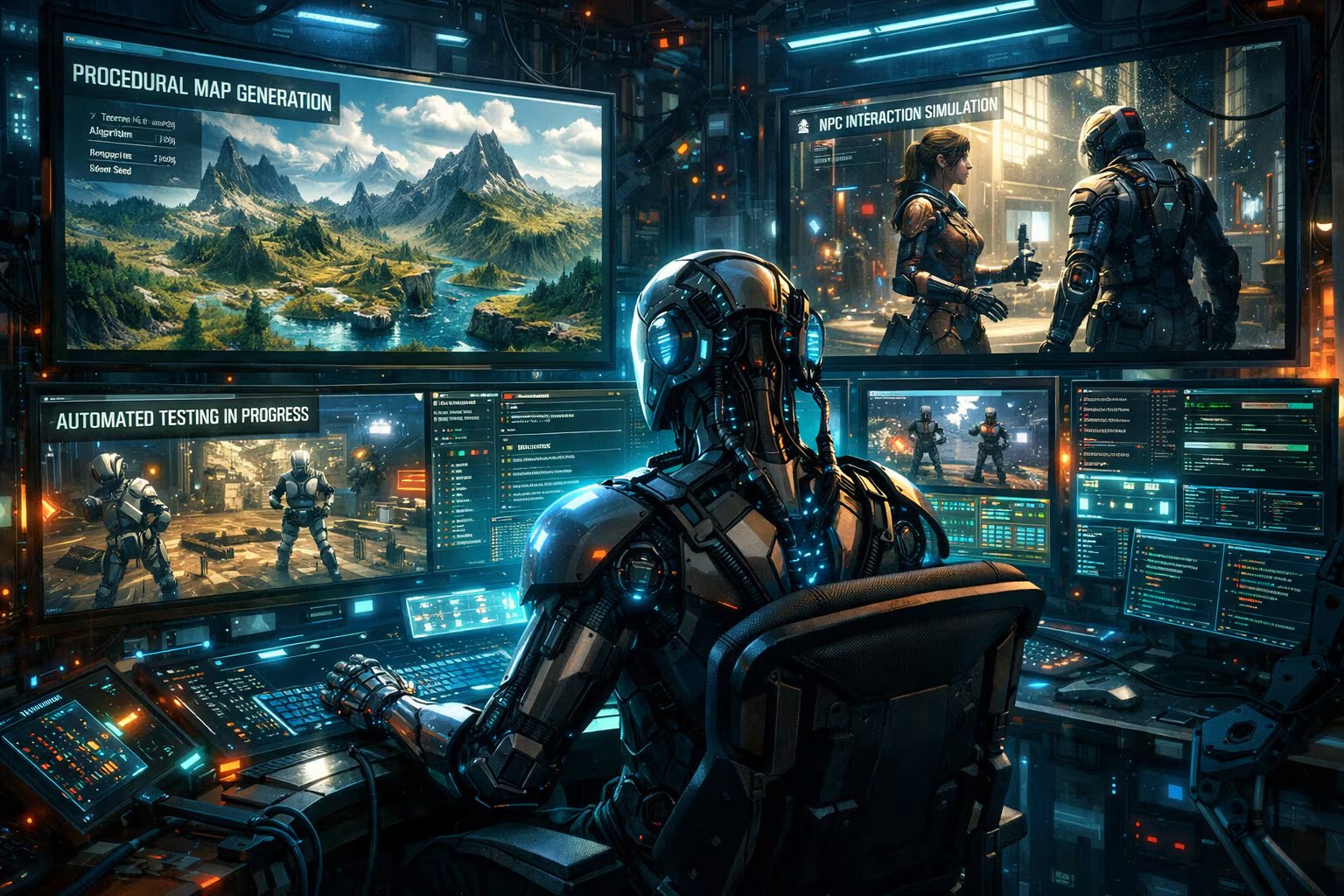 En un centro digital futurista, una IA supervisa el desarrollo integral de un videojuego cyberpunk, gestionando la generación de mapas, simulación de interacciones y pruebas automáticas en tiempo real. (Imagen Ilustrativa Infobae)