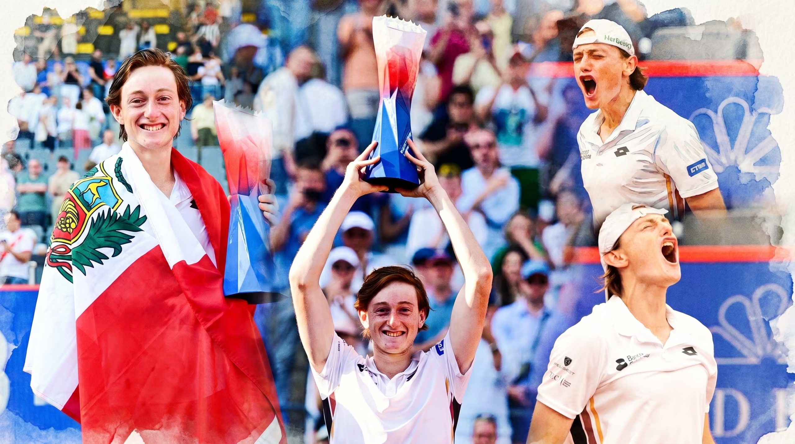 El tenista peruano Ignacio Buse celebra con entusiasmo, envuelto en la bandera de su país y alzando un trofeo, en este dinámico collage de acuarela que captura su victoria. (Imagen Ilustrativa Infobae)