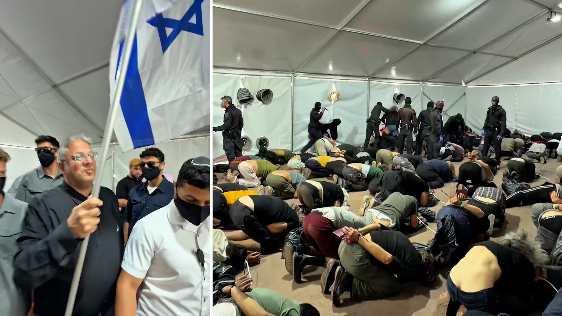 Decenas de activistas de la Global Sumud Flotilla aparecen esposados y de rodillas en el puerto de Ashdod mientras el ministro de Seguridad Nacional Itamar Ben Gvir ondea una bandera israelí (Captura: cuenta de X de Itamar Ben Gvir)