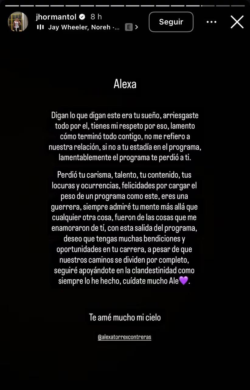 El mensaje para su expareja, que conmovió las redes sociales - crédito @jhromantol/IG