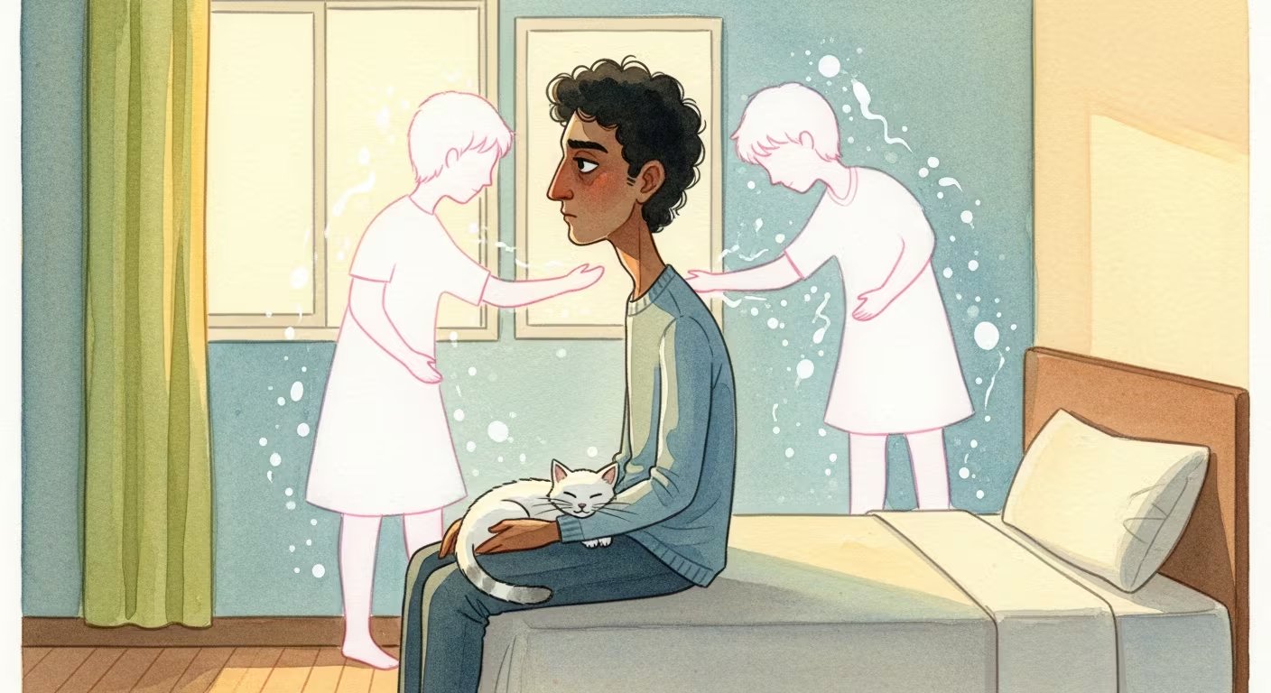 En una habitación sencilla, un joven pensativo encuentra consuelo con su gato mientras dos figuras luminosas, que simbolizan a sus hermanos, lo rodean en un abrazo etéreo de calidez y protección. (Imagen Ilustrativa Infobae)
