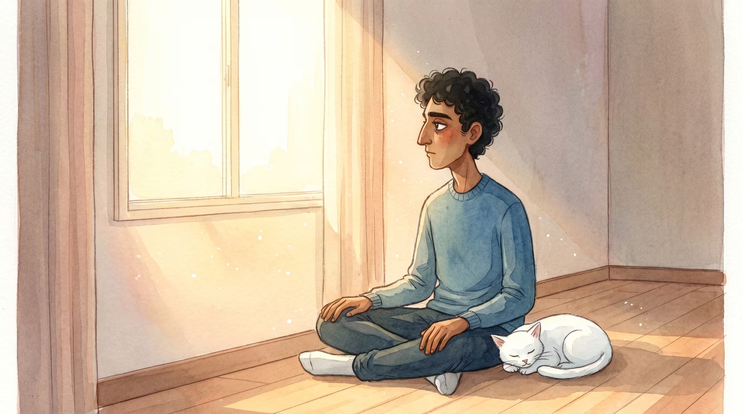 Un joven de pelo rizado se sienta en el suelo de madera, mirando pensativo por una ventana soleada, mientras un gato blanco descansa plácidamente a su lado. (Imagen Ilustrativa Infobae)