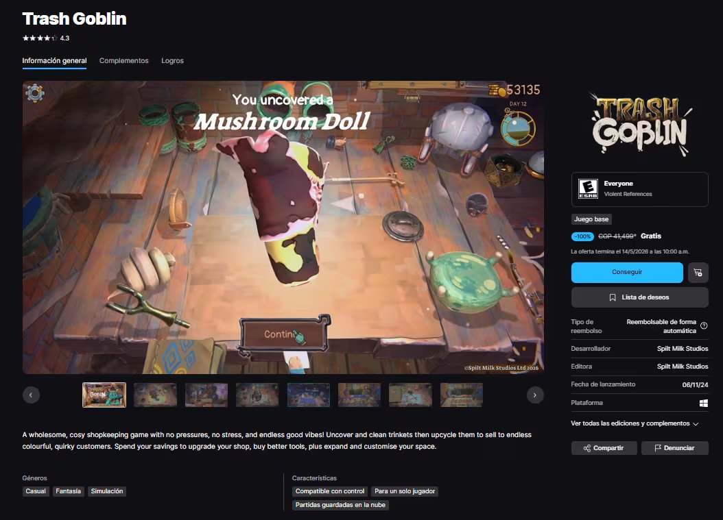 Trash Goblin es un juego de gestión relajado en el que los usuarios limpian y reciclan objetos para vender en su tienda. (Epic Games)